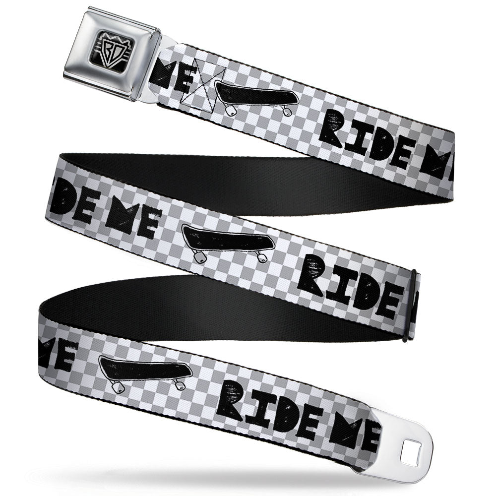 BD Wings Logo CLOSE-UP Full Color Black Silver Seatbelt Belt - RIDE ME Skateboard w/Mini Checker White/Gray/Black Webbing Seatbelt Belts Buckle-Down