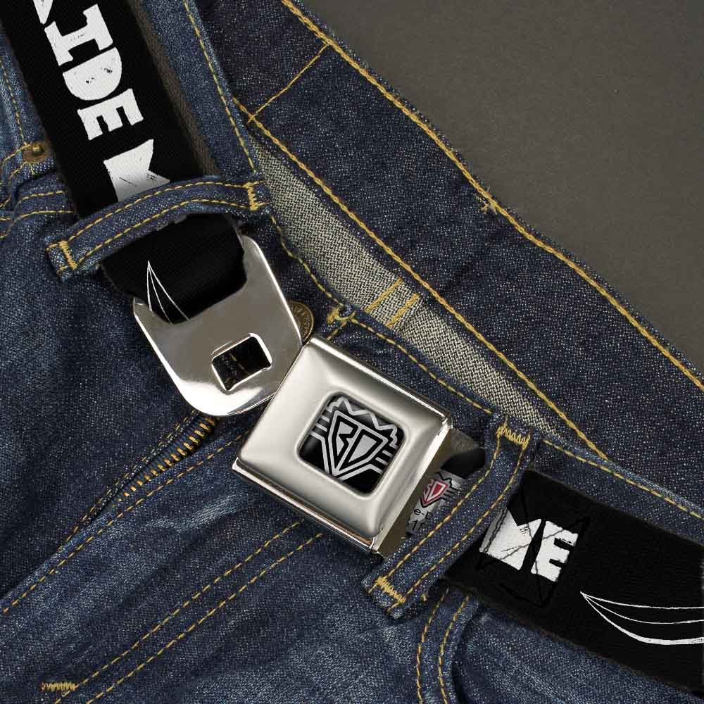 BD Wings Logo CLOSE-UP Full Color Black Silver Seatbelt Belt - RIDE ME Surfboard Black/White Webbing Seatbelt Belts Buckle-Down