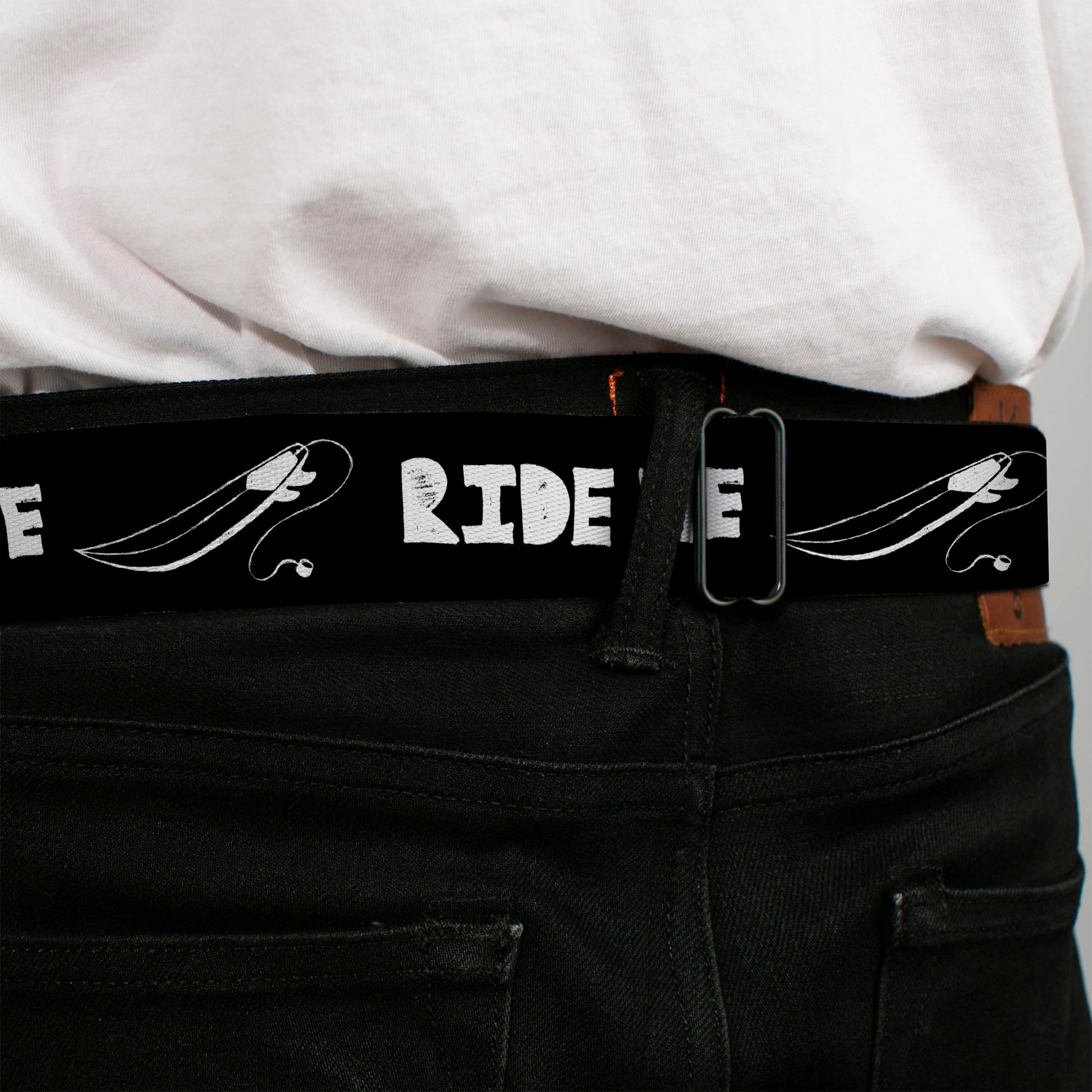 BD Wings Logo CLOSE-UP Full Color Black Silver Seatbelt Belt - RIDE ME Surfboard Black/White Webbing Seatbelt Belts Buckle-Down