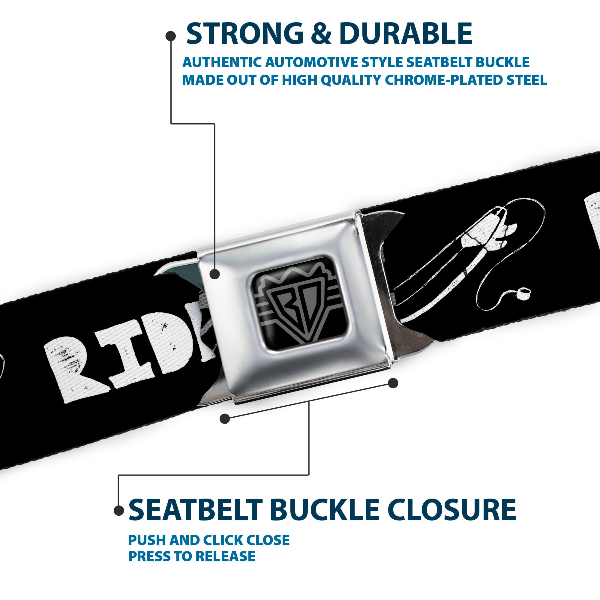BD Wings Logo CLOSE-UP Full Color Black Silver Seatbelt Belt - RIDE ME Surfboard Black/White Webbing Seatbelt Belts Buckle-Down