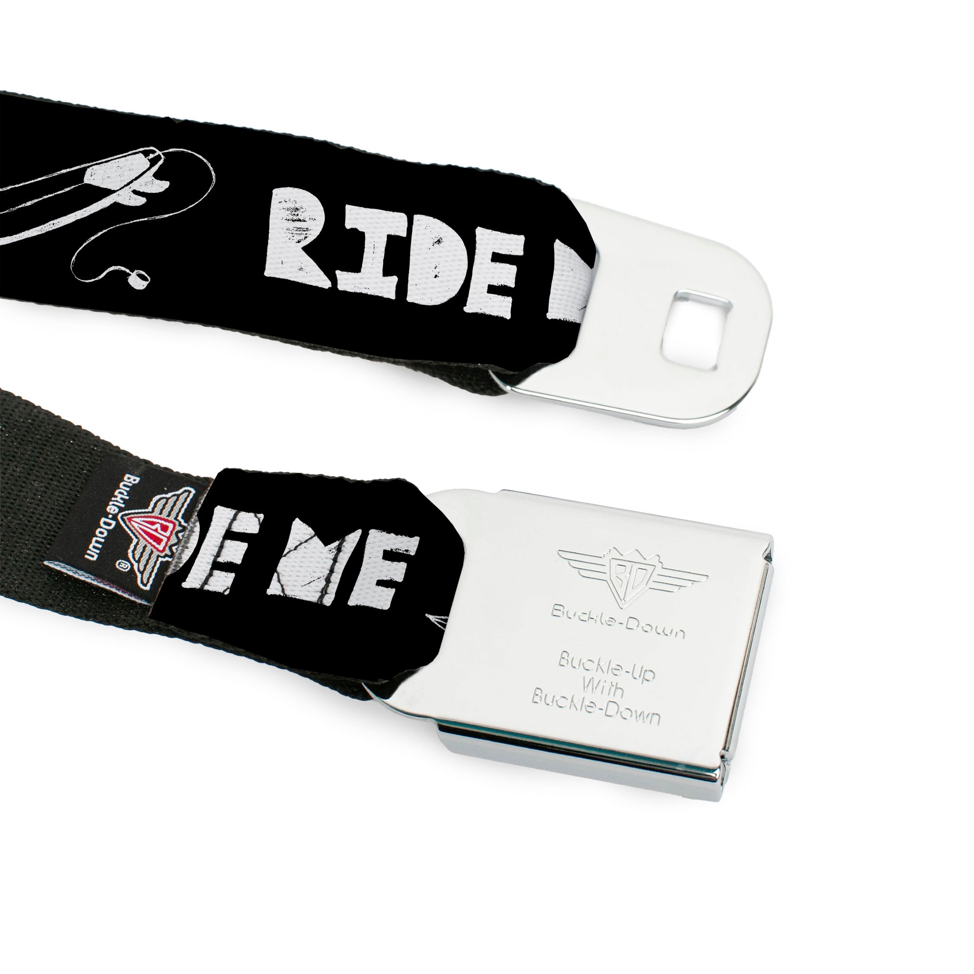 BD Wings Logo CLOSE-UP Full Color Black Silver Seatbelt Belt - RIDE ME Surfboard Black/White Webbing Seatbelt Belts Buckle-Down