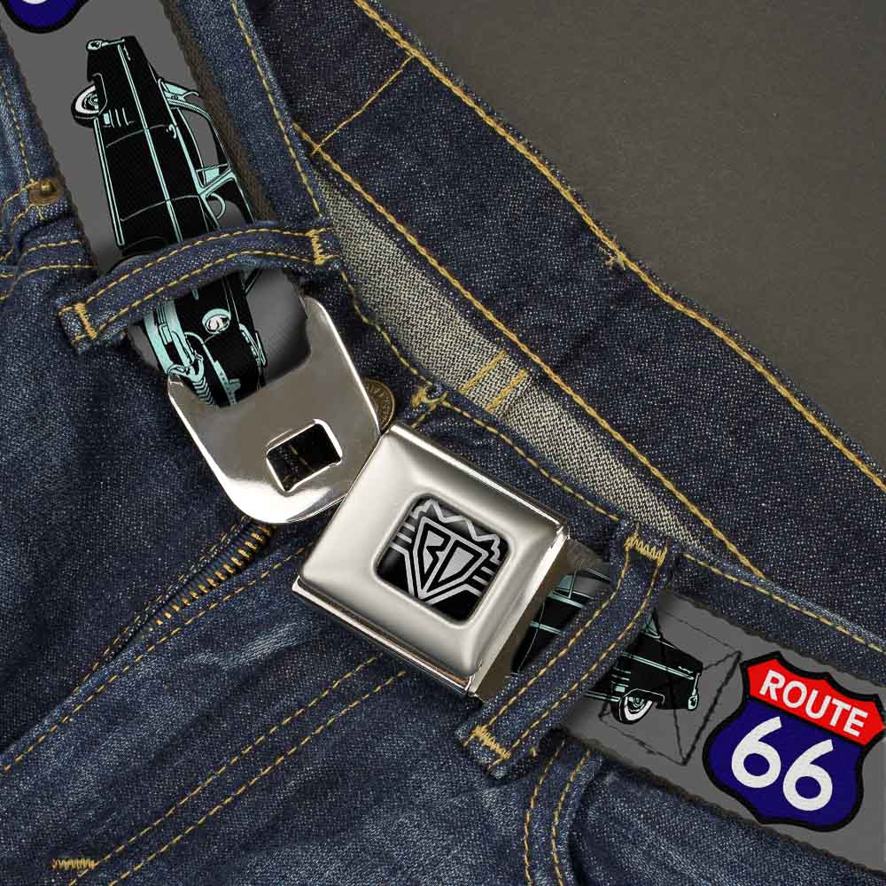 BD Wings Logo CLOSE-UP Full Color Black Silver Seatbelt Belt - Route 66 Classics Gray Webbing Seatbelt Belts Buckle-Down