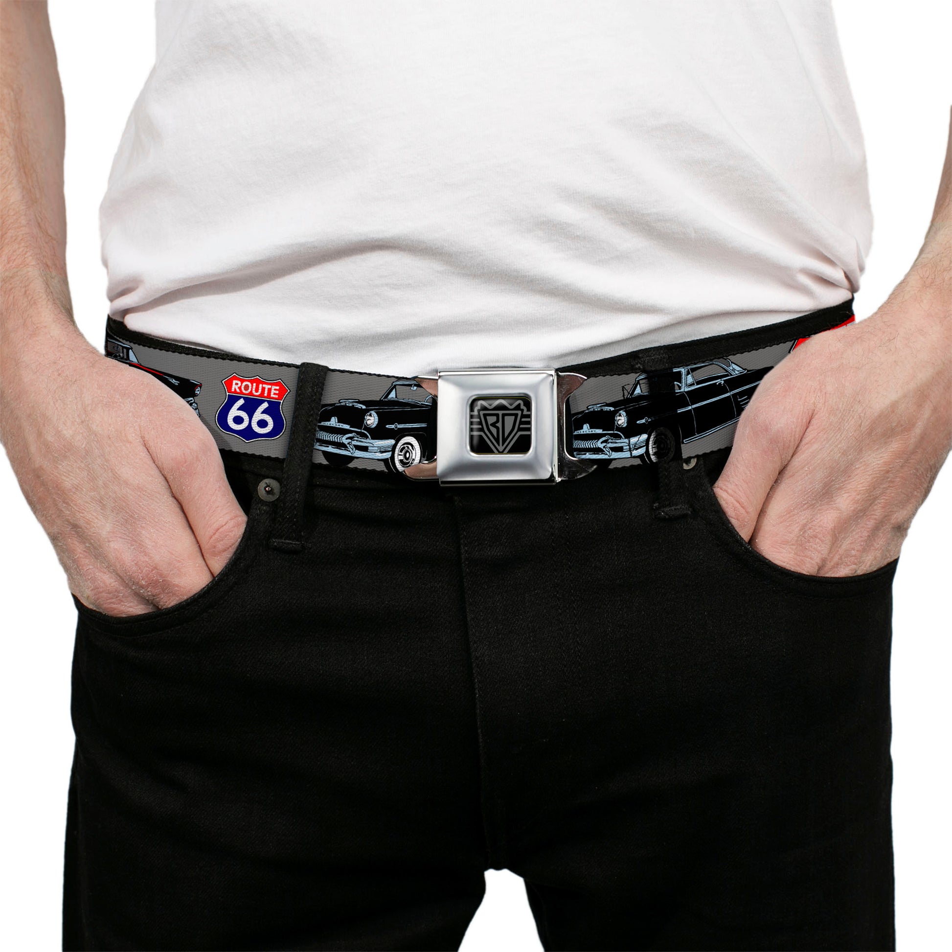 BD Wings Logo CLOSE-UP Full Color Black Silver Seatbelt Belt - Route 66 Classics Gray Webbing Seatbelt Belts Buckle-Down