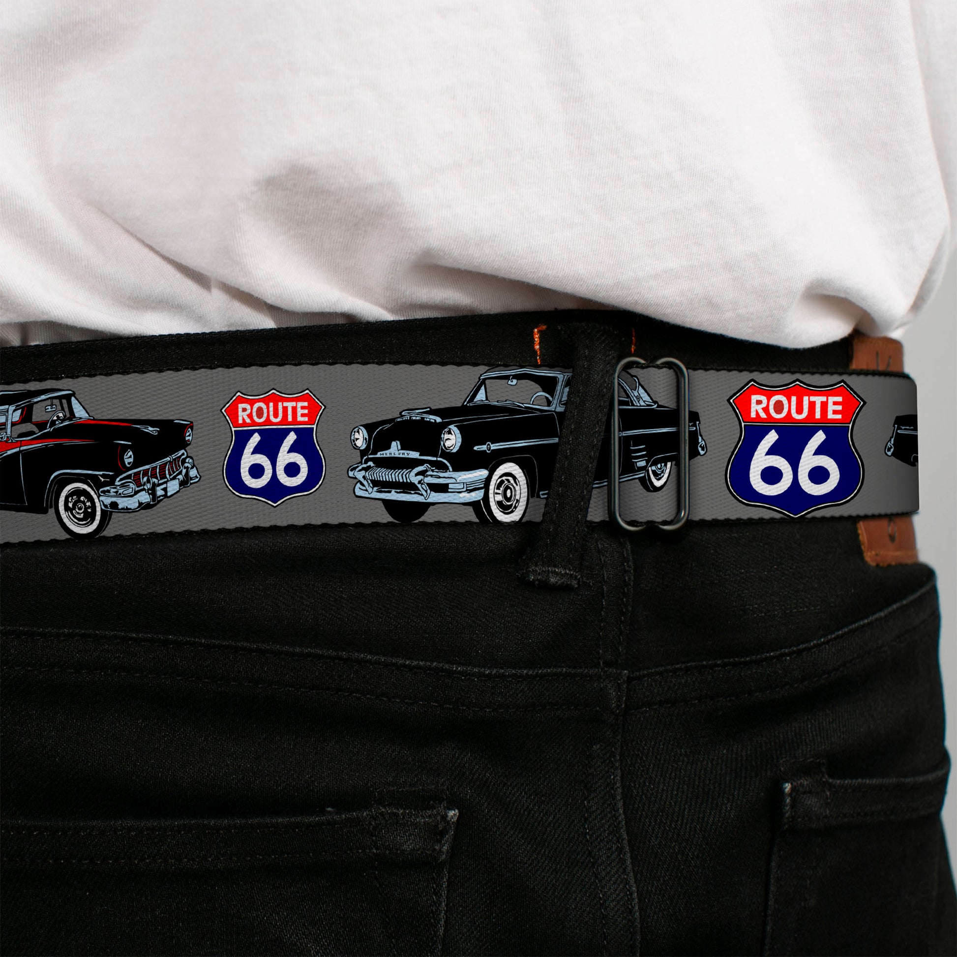 BD Wings Logo CLOSE-UP Full Color Black Silver Seatbelt Belt - Route 66 Classics Gray Webbing Seatbelt Belts Buckle-Down