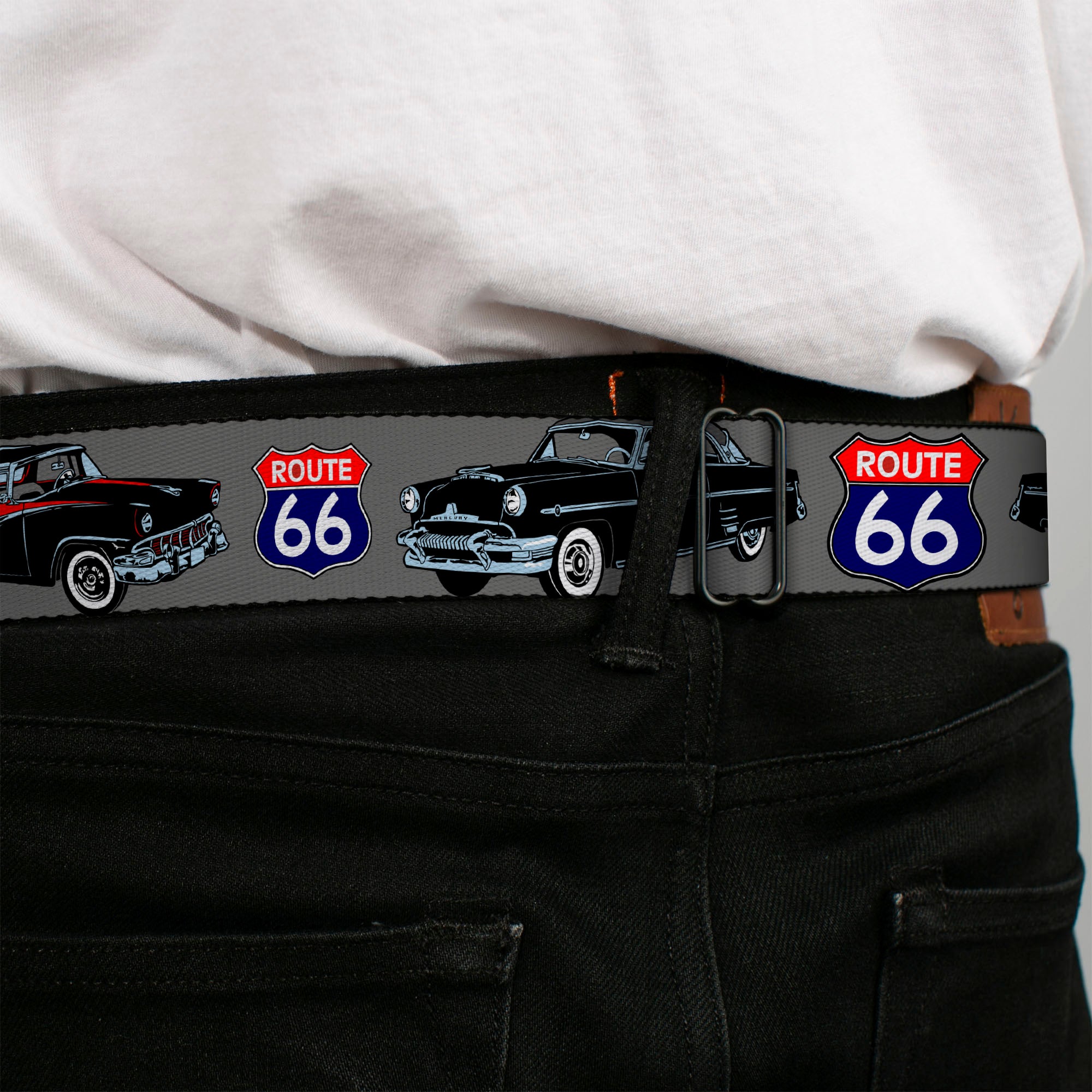 BD Wings Logo CLOSE-UP Full Color Black Silver Seatbelt Belt - Route 66 Classics Gray Webbing Seatbelt Belts Buckle-Down