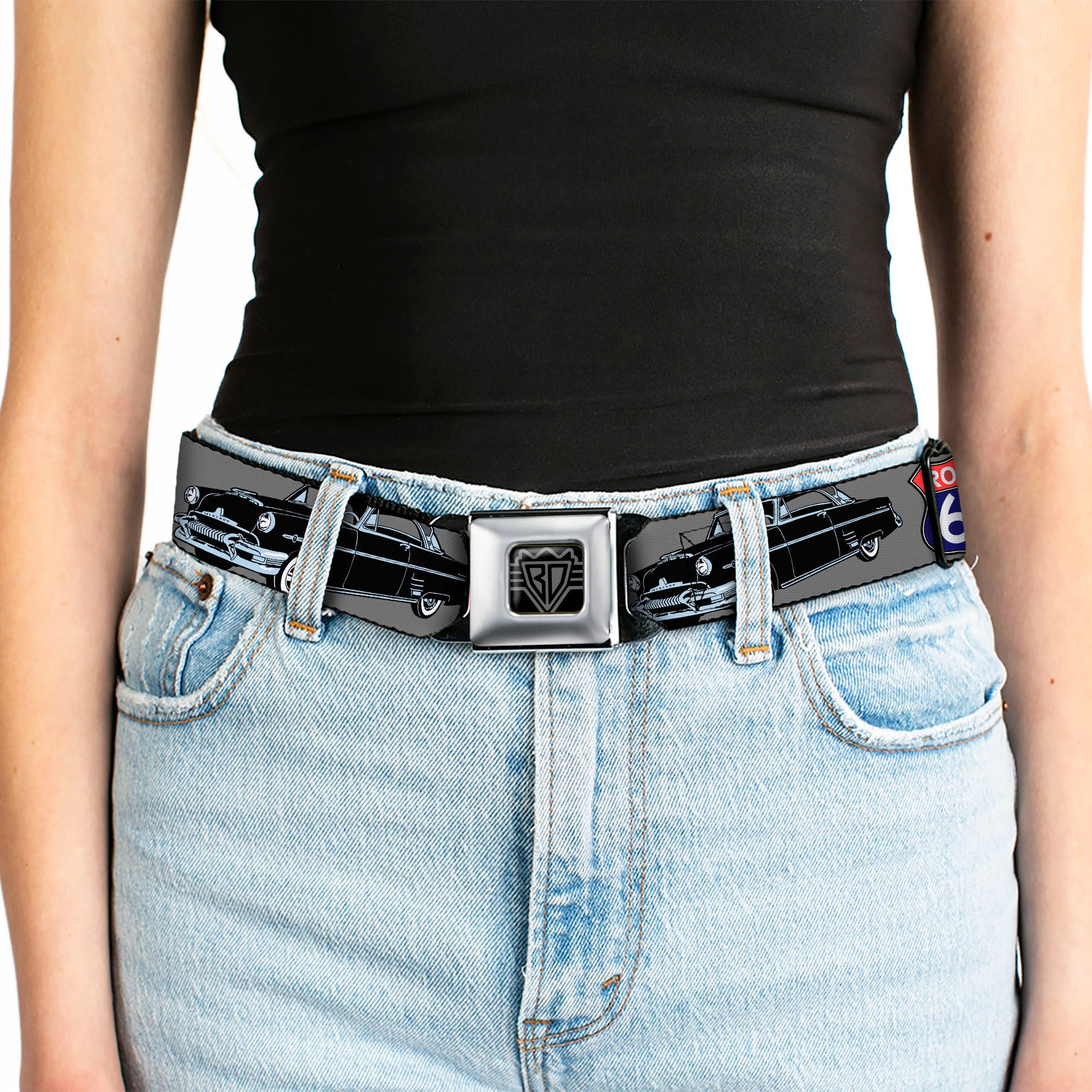 BD Wings Logo CLOSE-UP Full Color Black Silver Seatbelt Belt - Route 66 Classics Gray Webbing Seatbelt Belts Buckle-Down