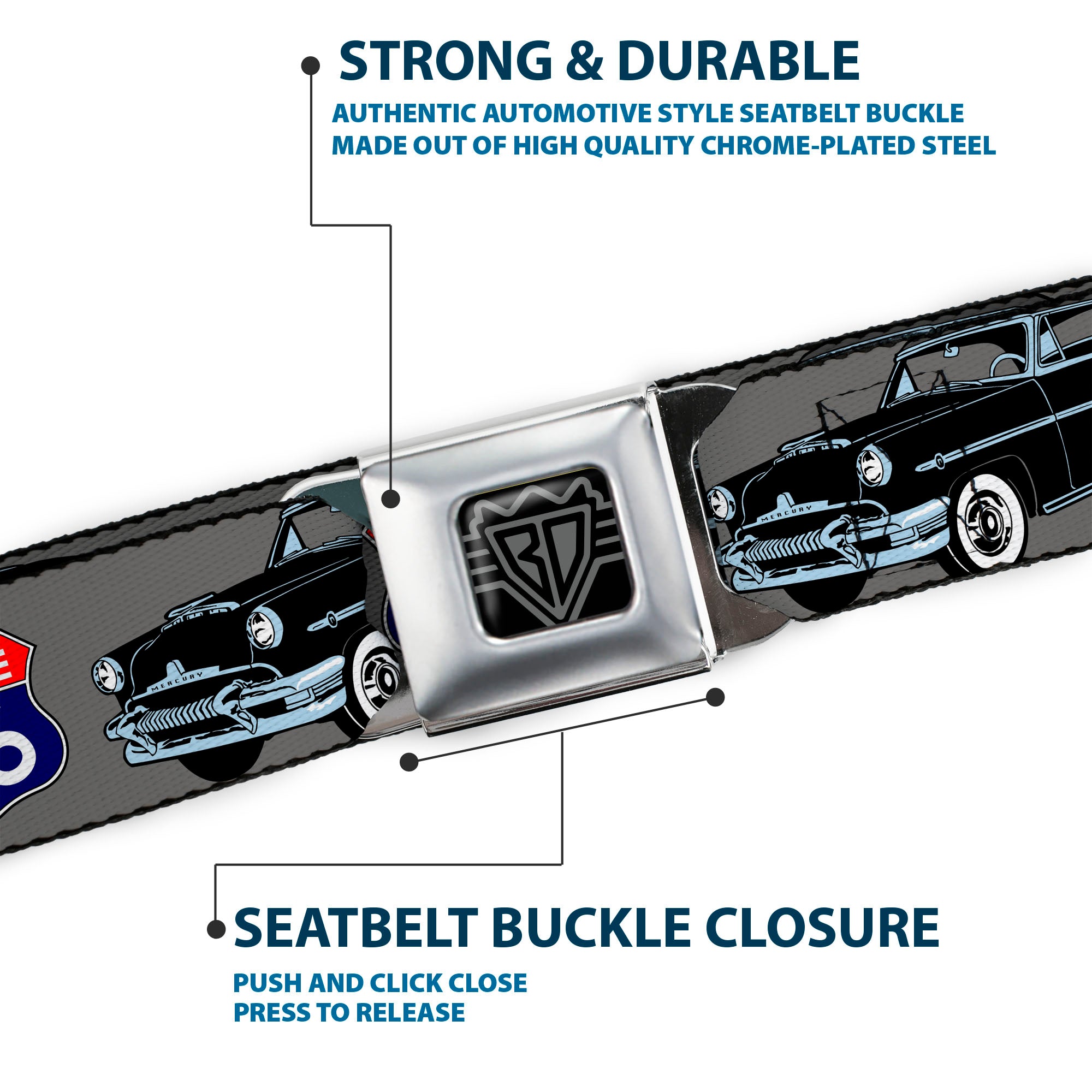 BD Wings Logo CLOSE-UP Full Color Black Silver Seatbelt Belt - Route 66 Classics Gray Webbing Seatbelt Belts Buckle-Down