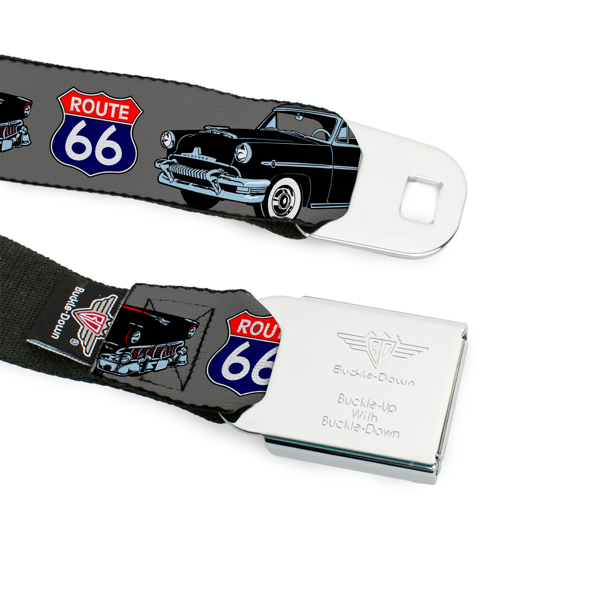 BD Wings Logo CLOSE-UP Full Color Black Silver Seatbelt Belt - Route 66 Classics Gray Webbing Seatbelt Belts Buckle-Down