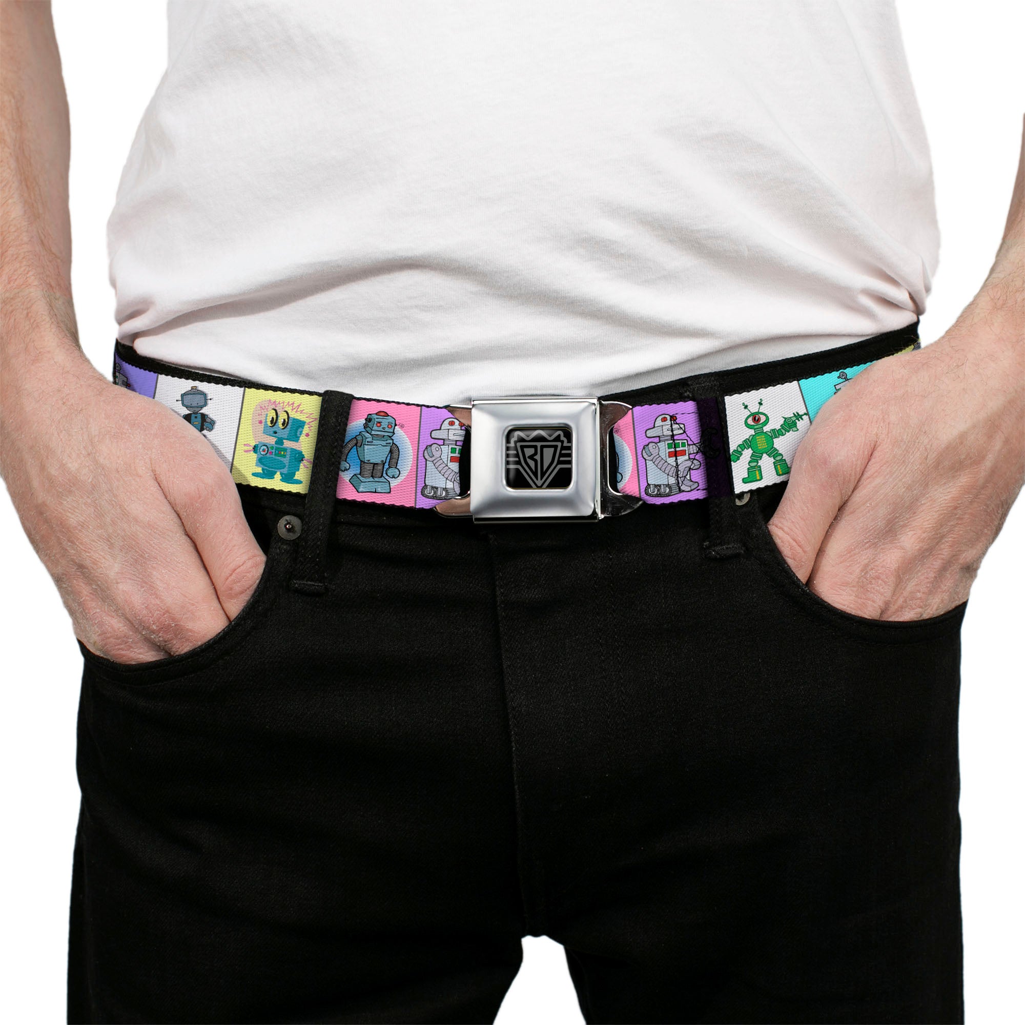 BD Wings Logo CLOSE-UP Full Color Black Silver Seatbelt Belt - Robots Pastel Blocks Webbing Seatbelt Belts Buckle-Down