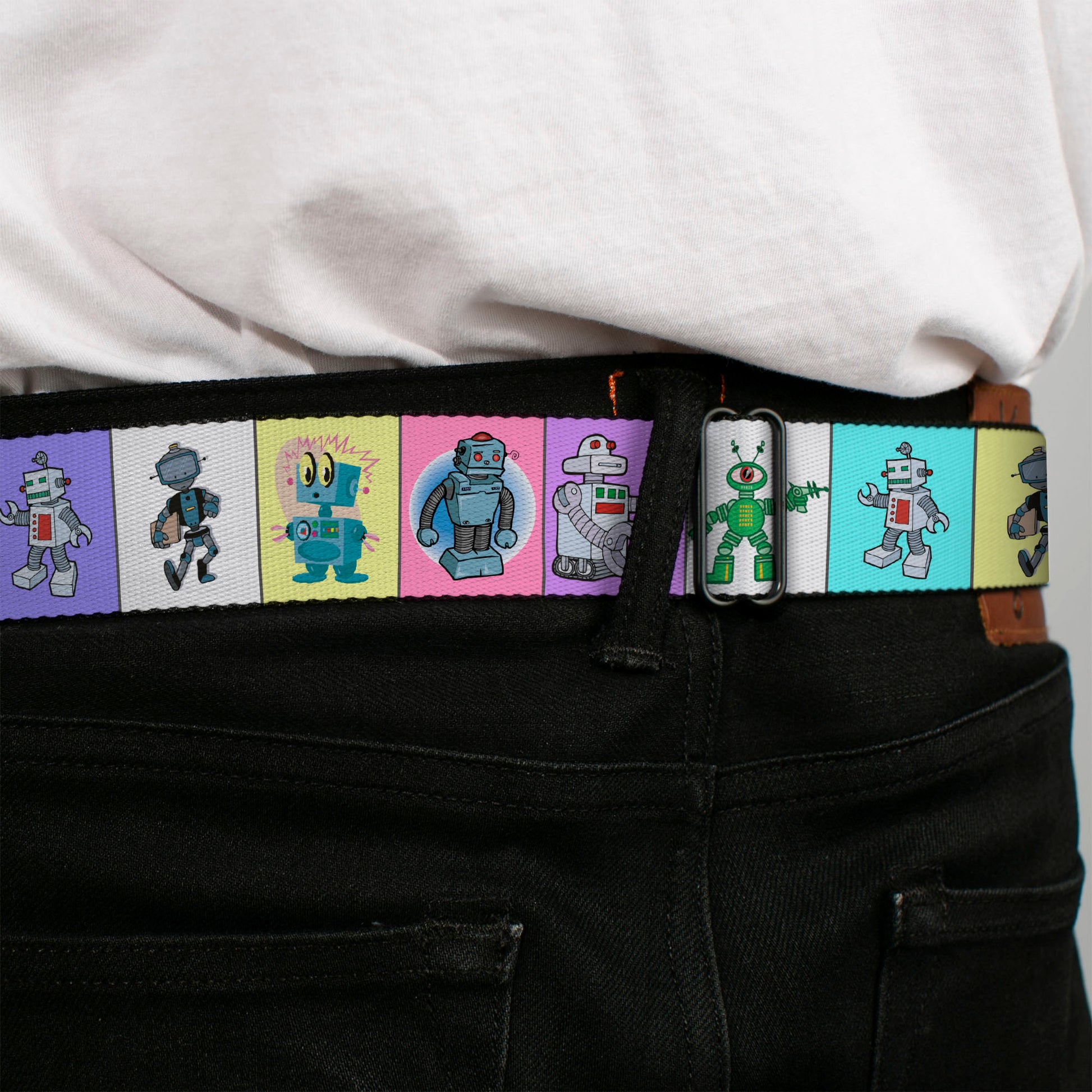 BD Wings Logo CLOSE-UP Full Color Black Silver Seatbelt Belt - Robots Pastel Blocks Webbing Seatbelt Belts Buckle-Down