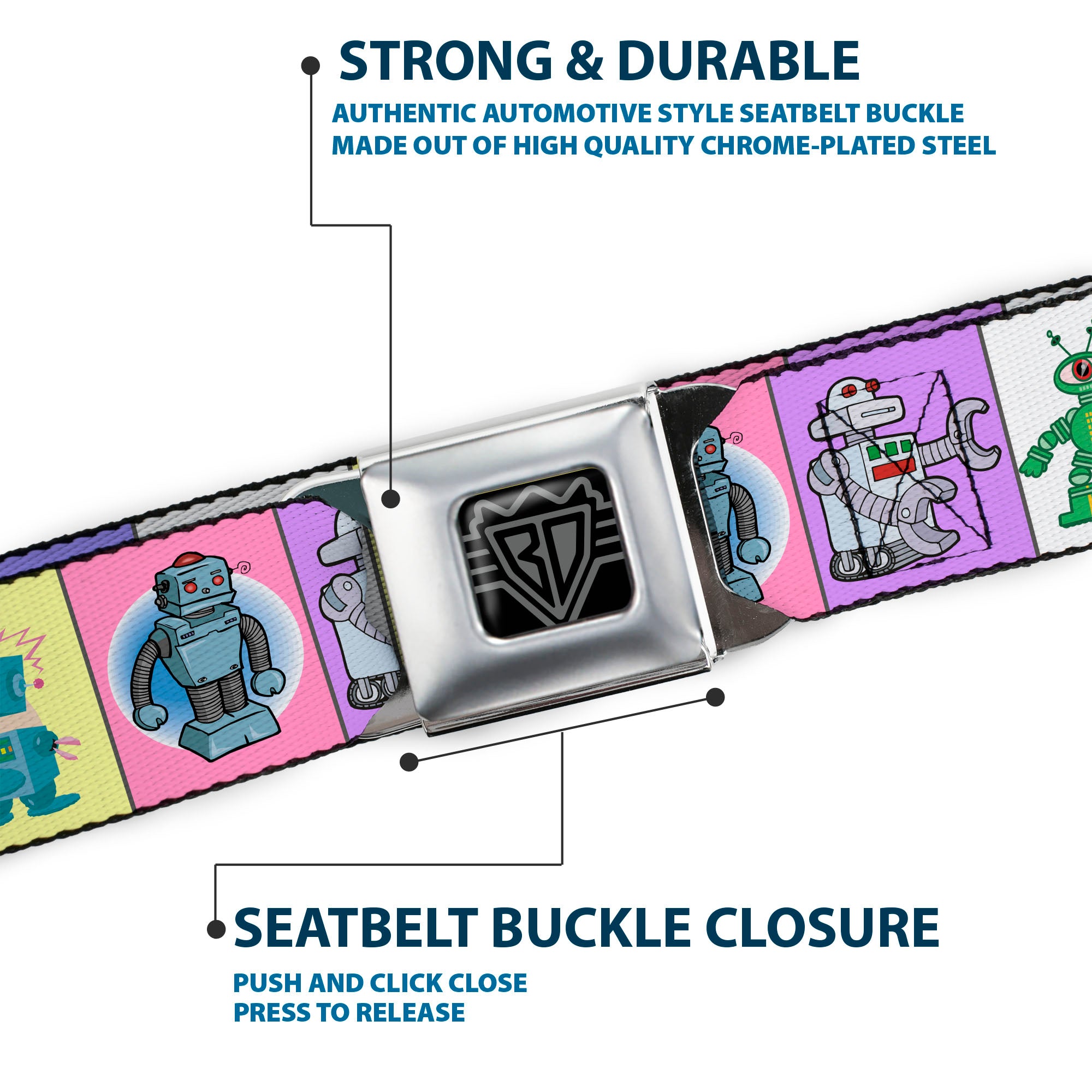 BD Wings Logo CLOSE-UP Full Color Black Silver Seatbelt Belt - Robots Pastel Blocks Webbing Seatbelt Belts Buckle-Down