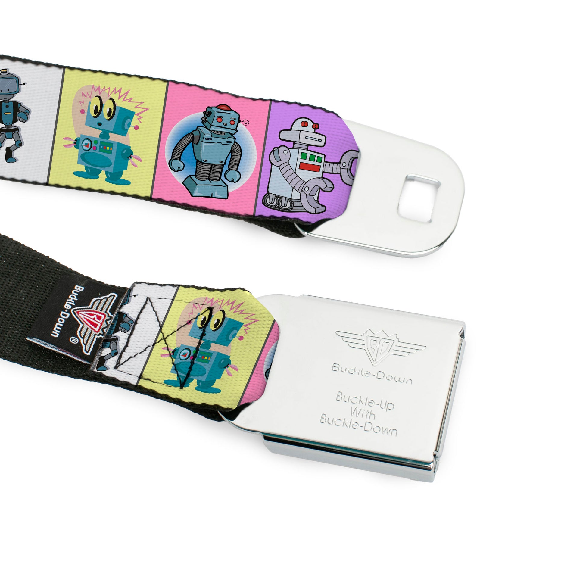 BD Wings Logo CLOSE-UP Full Color Black Silver Seatbelt Belt - Robots Pastel Blocks Webbing Seatbelt Belts Buckle-Down