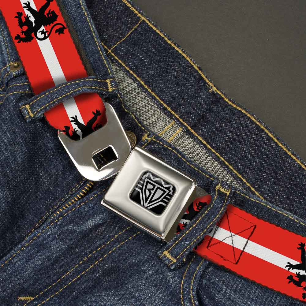 BD Wings Logo CLOSE-UP Full Color Black Silver Seatbelt Belt - Rampant Lion Repeat/Stripes Red/White/Black Webbing Seatbelt Belts Buckle-Down