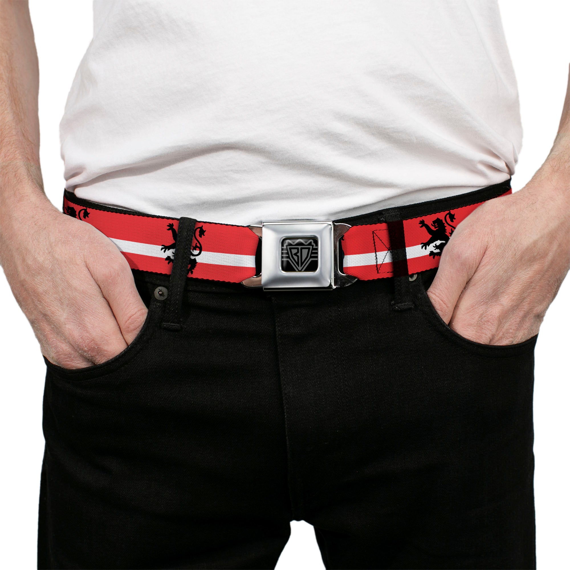 BD Wings Logo CLOSE-UP Full Color Black Silver Seatbelt Belt - Rampant Lion Repeat/Stripes Red/White/Black Webbing Seatbelt Belts Buckle-Down