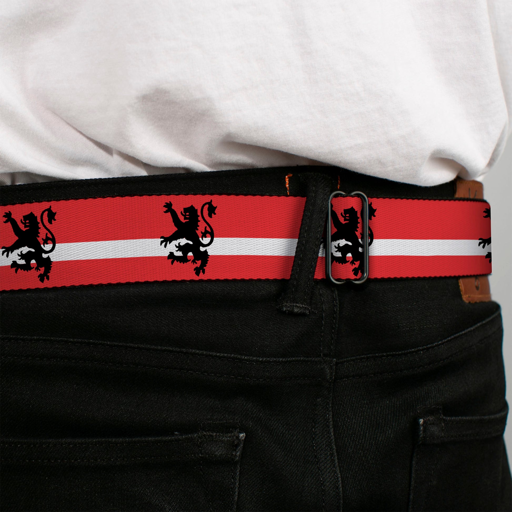 BD Wings Logo CLOSE-UP Full Color Black Silver Seatbelt Belt - Rampant Lion Repeat/Stripes Red/White/Black Webbing Seatbelt Belts Buckle-Down