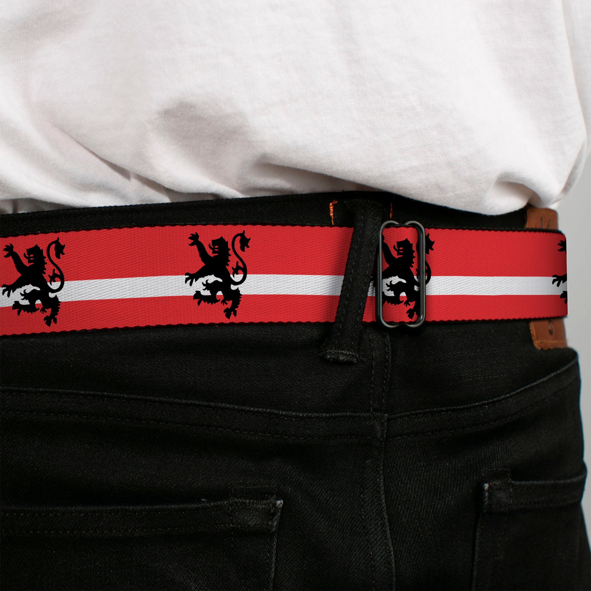 BD Wings Logo CLOSE-UP Full Color Black Silver Seatbelt Belt - Rampant Lion Repeat/Stripes Red/White/Black Webbing Seatbelt Belts Buckle-Down