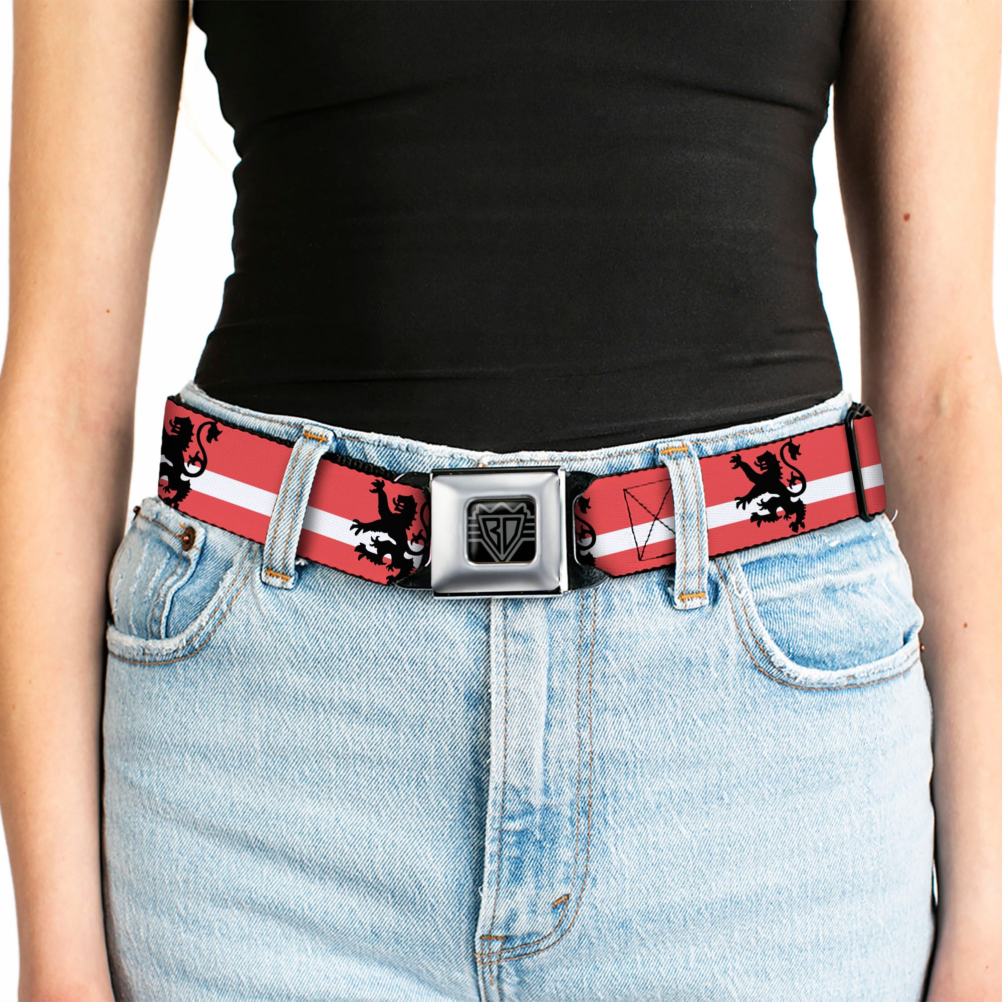 BD Wings Logo CLOSE-UP Full Color Black Silver Seatbelt Belt - Rampant Lion Repeat/Stripes Red/White/Black Webbing Seatbelt Belts Buckle-Down