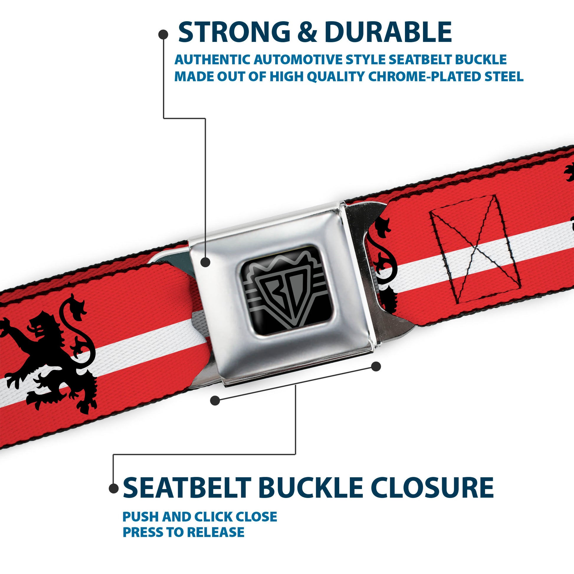 BD Wings Logo CLOSE-UP Full Color Black Silver Seatbelt Belt - Rampant Lion Repeat/Stripes Red/White/Black Webbing Seatbelt Belts Buckle-Down