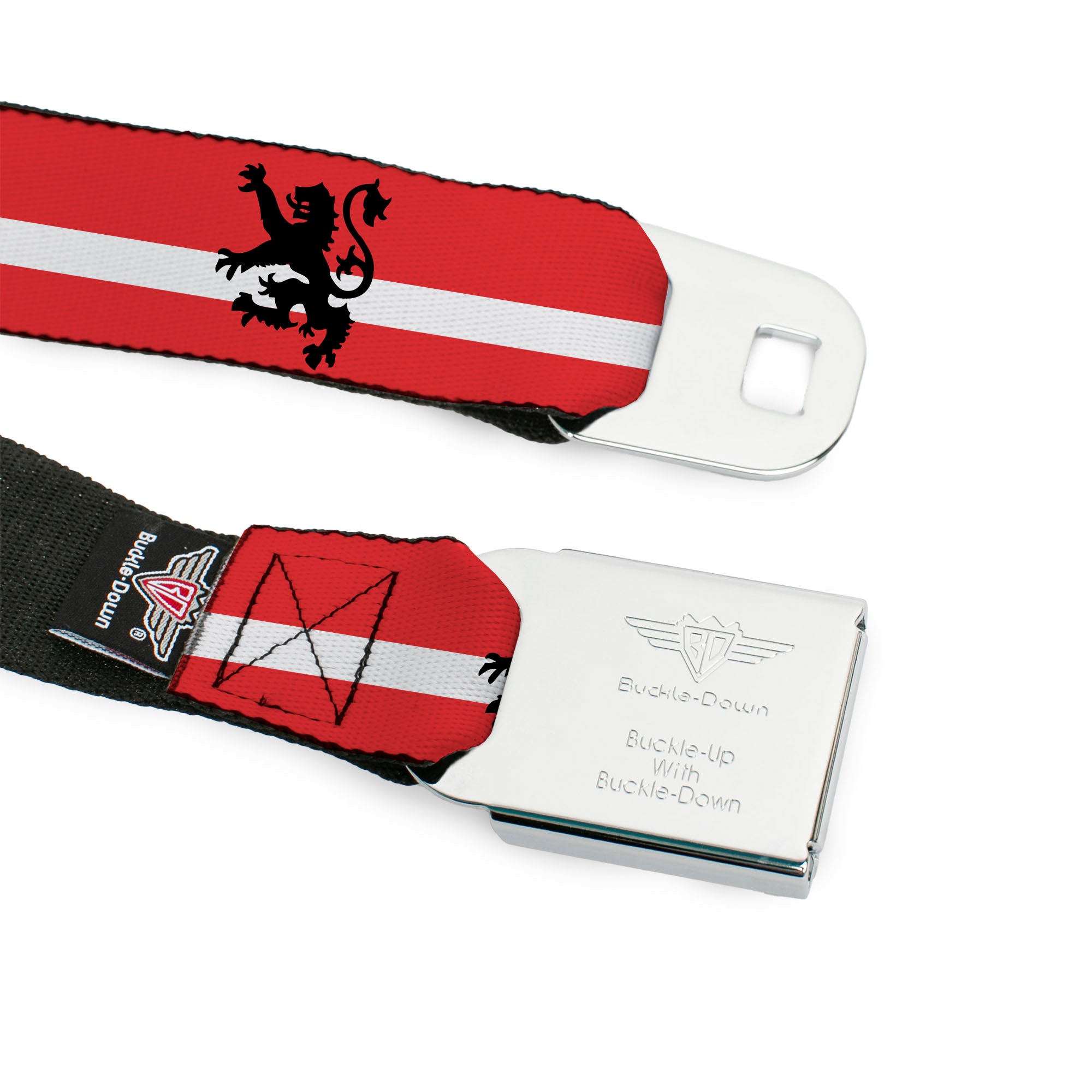 BD Wings Logo CLOSE-UP Full Color Black Silver Seatbelt Belt - Rampant Lion Repeat/Stripes Red/White/Black Webbing Seatbelt Belts Buckle-Down