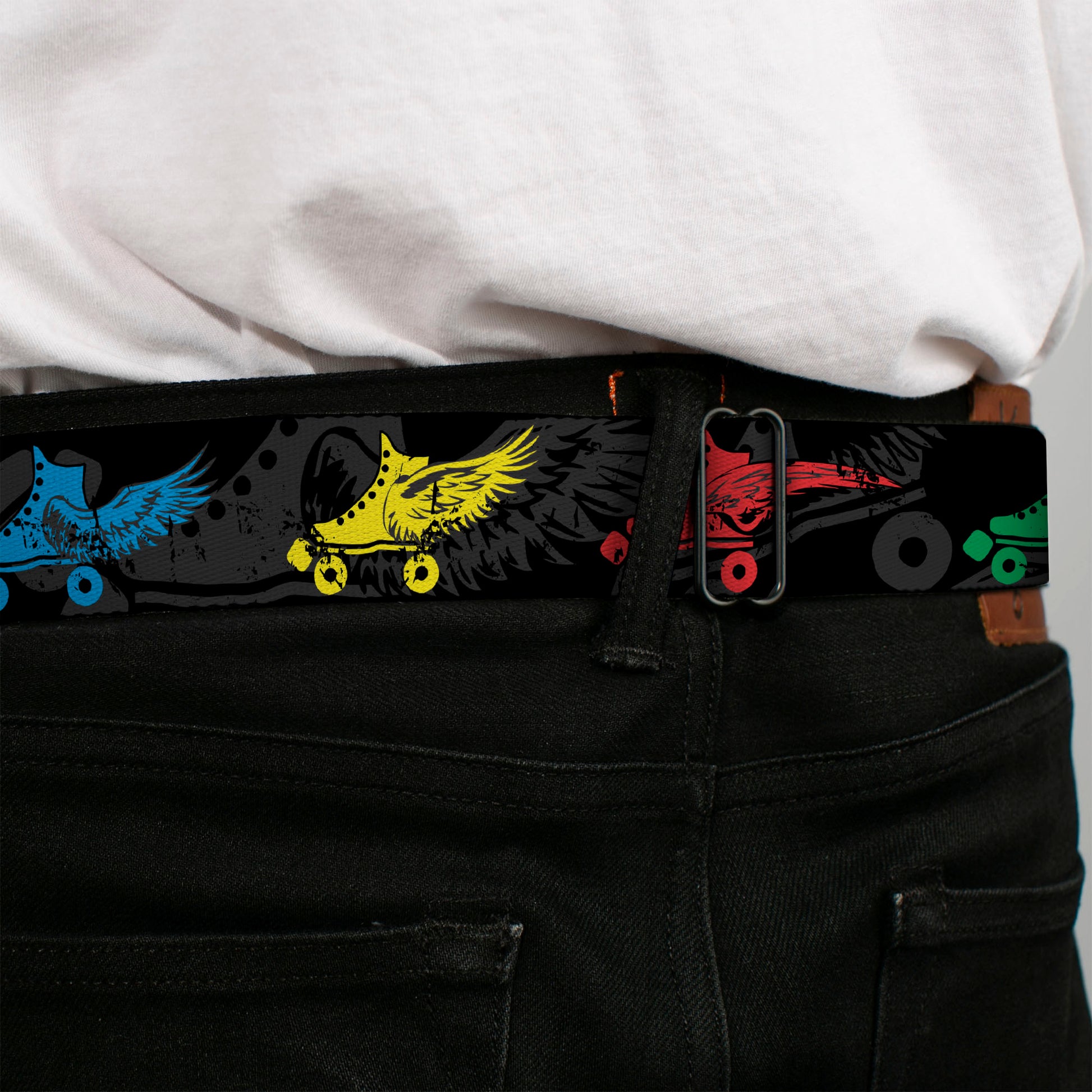 BD Wings Logo CLOSE-UP Full Color Black Silver Seatbelt Belt - Roller Skates Black/Gray/Multi Color Webbing Seatbelt Belts Buckle-Down
