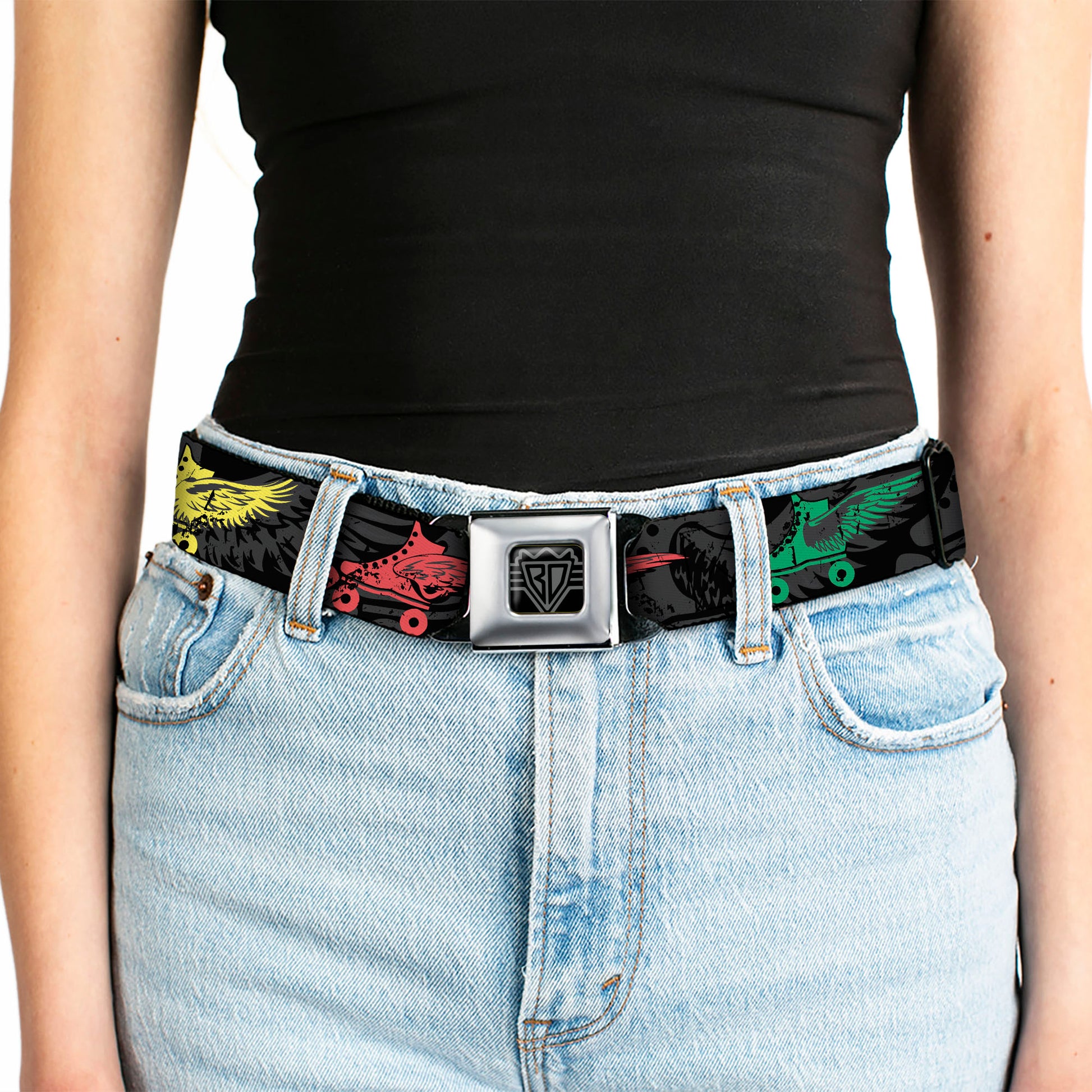 BD Wings Logo CLOSE-UP Full Color Black Silver Seatbelt Belt - Roller Skates Black/Gray/Multi Color Webbing Seatbelt Belts Buckle-Down