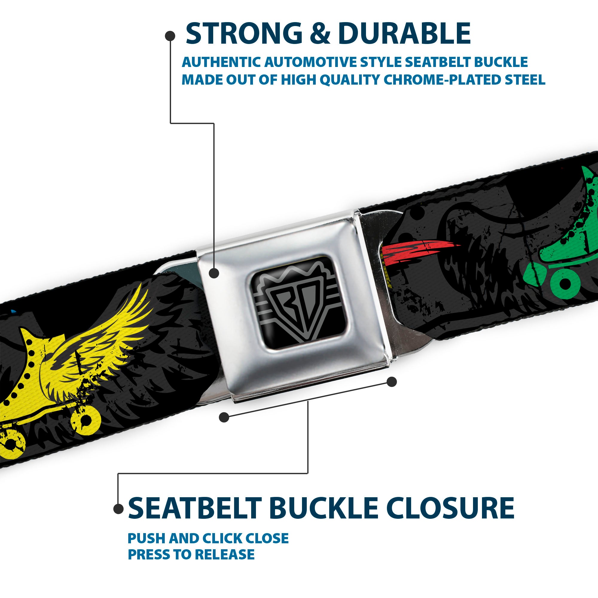 BD Wings Logo CLOSE-UP Full Color Black Silver Seatbelt Belt - Roller Skates Black/Gray/Multi Color Webbing Seatbelt Belts Buckle-Down
