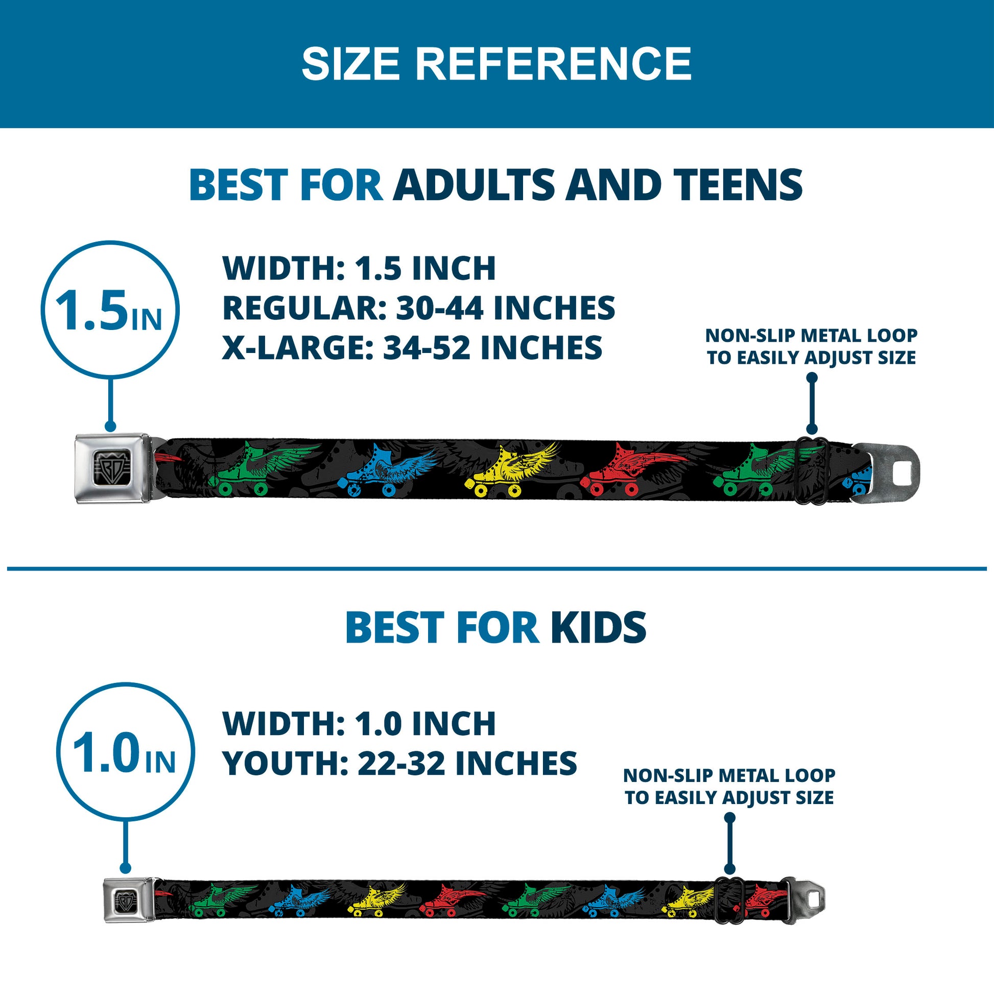 BD Wings Logo CLOSE-UP Full Color Black Silver Seatbelt Belt - Roller Skates Black/Gray/Multi Color Webbing Seatbelt Belts Buckle-Down