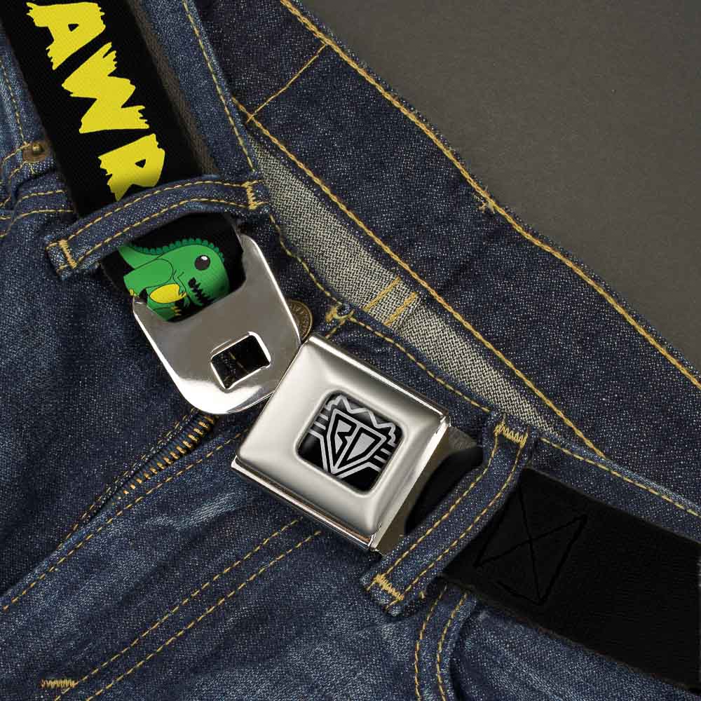 BD Wings Logo CLOSE-UP Full Color Black Silver Seatbelt Belt - RRRAWR Dinosaur Black/Green/Yellow Webbing Seatbelt Belts Buckle-Down