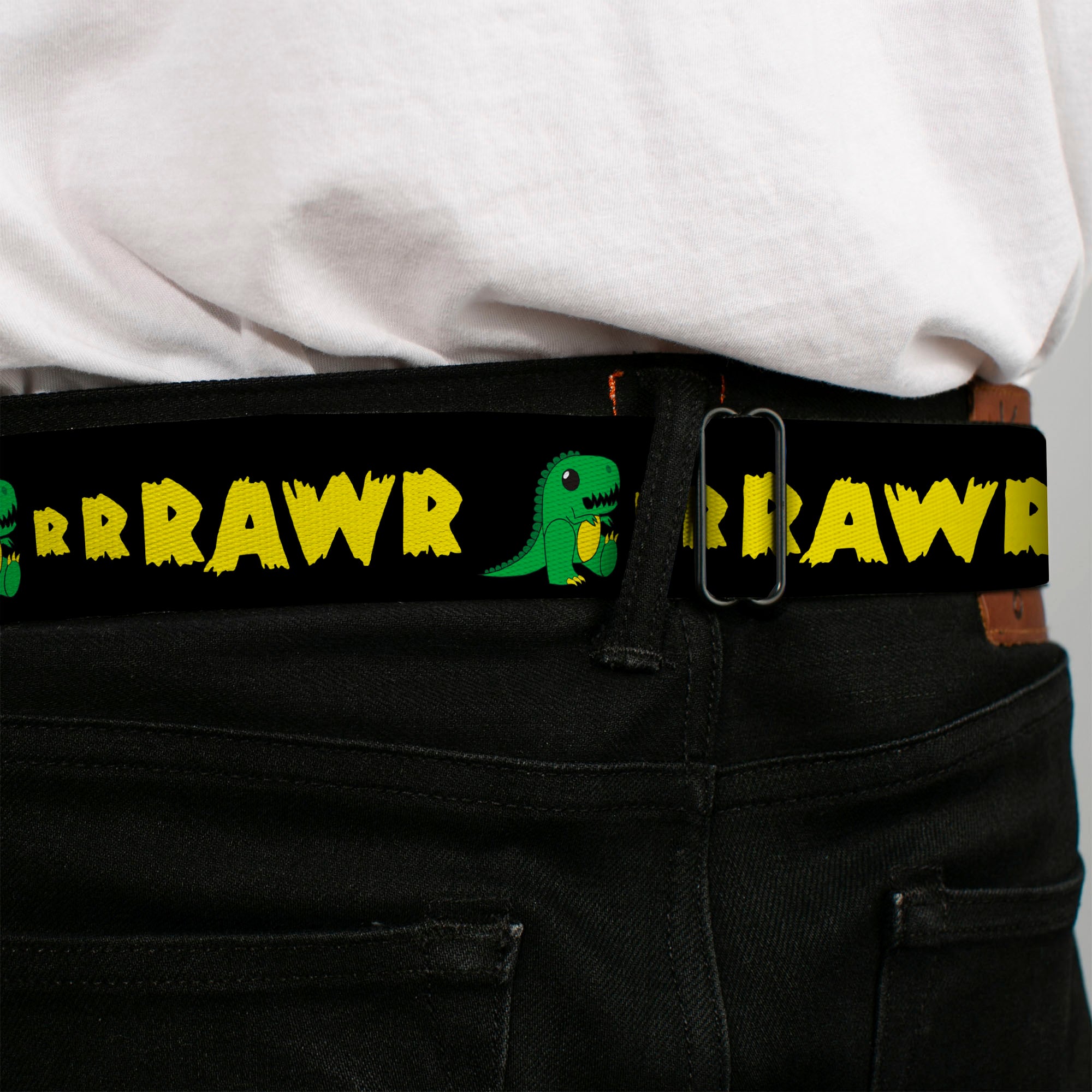 BD Wings Logo CLOSE-UP Full Color Black Silver Seatbelt Belt - RRRAWR Dinosaur Black/Green/Yellow Webbing Seatbelt Belts Buckle-Down