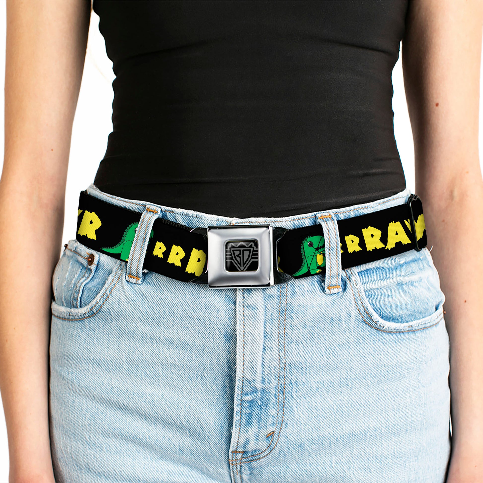 BD Wings Logo CLOSE-UP Full Color Black Silver Seatbelt Belt - RRRAWR Dinosaur Black/Green/Yellow Webbing Seatbelt Belts Buckle-Down
