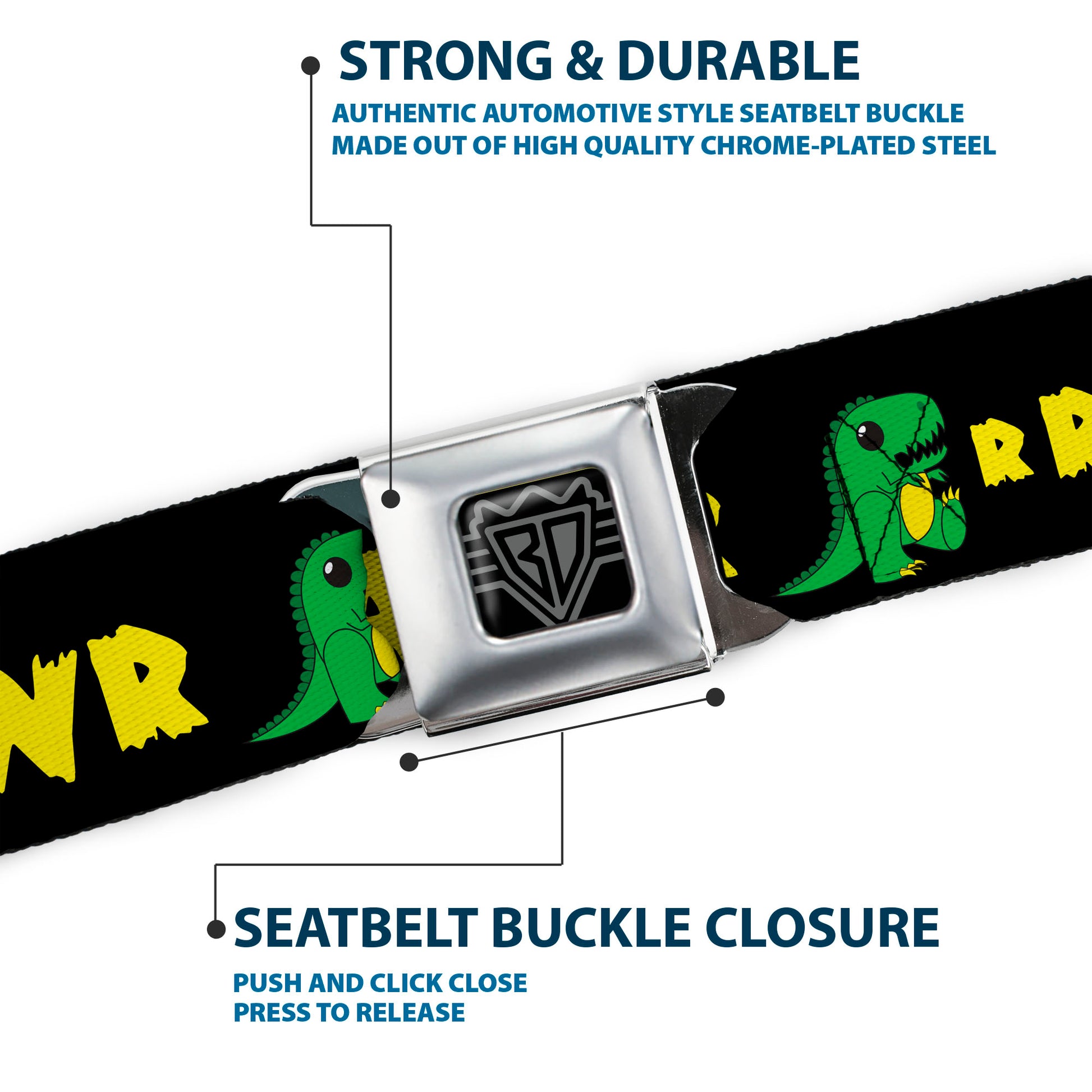 BD Wings Logo CLOSE-UP Full Color Black Silver Seatbelt Belt - RRRAWR Dinosaur Black/Green/Yellow Webbing Seatbelt Belts Buckle-Down