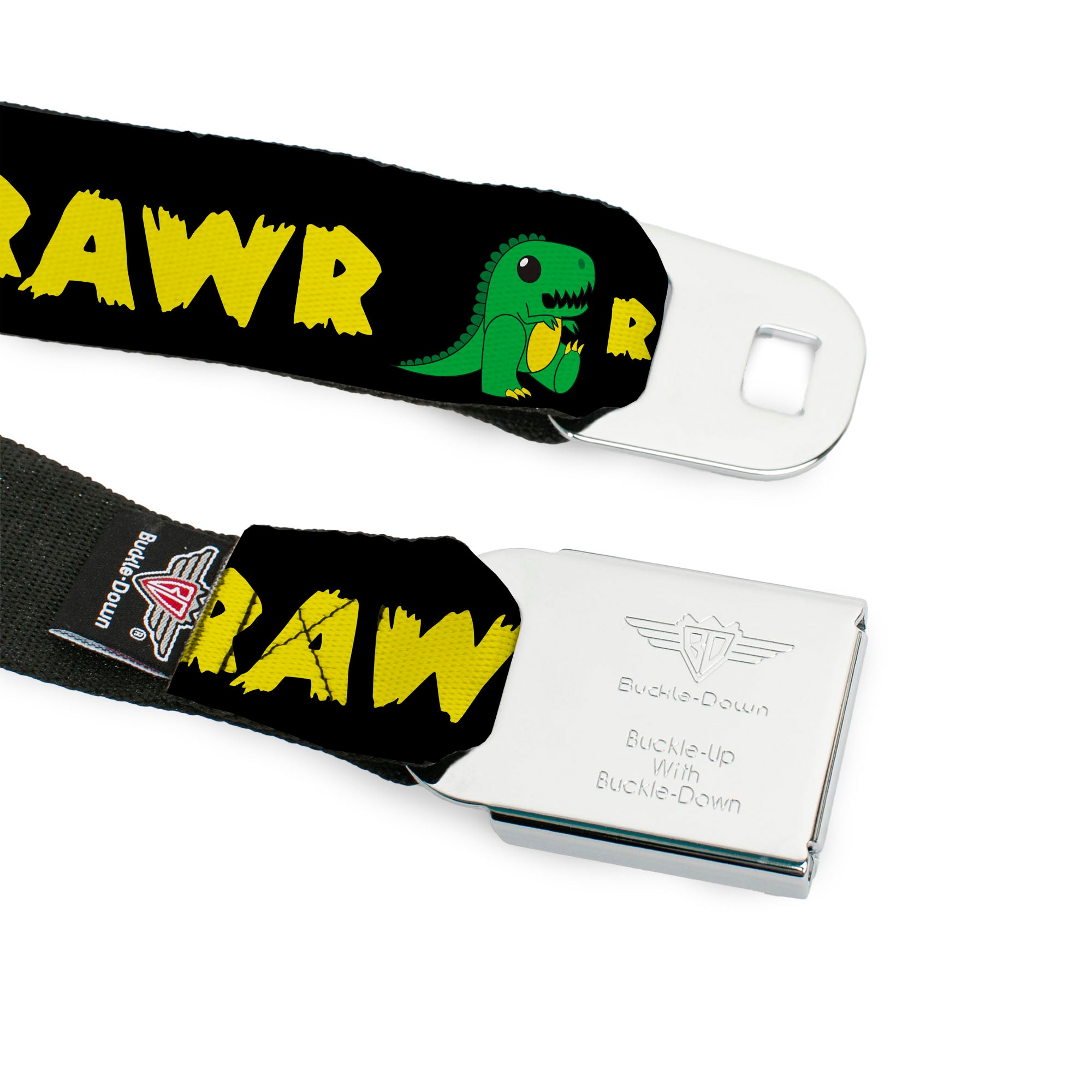 BD Wings Logo CLOSE-UP Full Color Black Silver Seatbelt Belt - RRRAWR Dinosaur Black/Green/Yellow Webbing Seatbelt Belts Buckle-Down