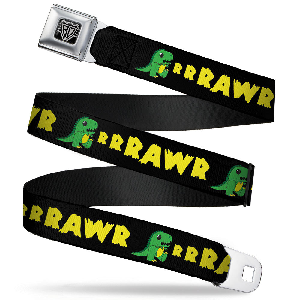 BD Wings Logo CLOSE-UP Full Color Black Silver Seatbelt Belt - RRRAWR Dinosaur Black/Green/Yellow Webbing Seatbelt Belts Buckle-Down
