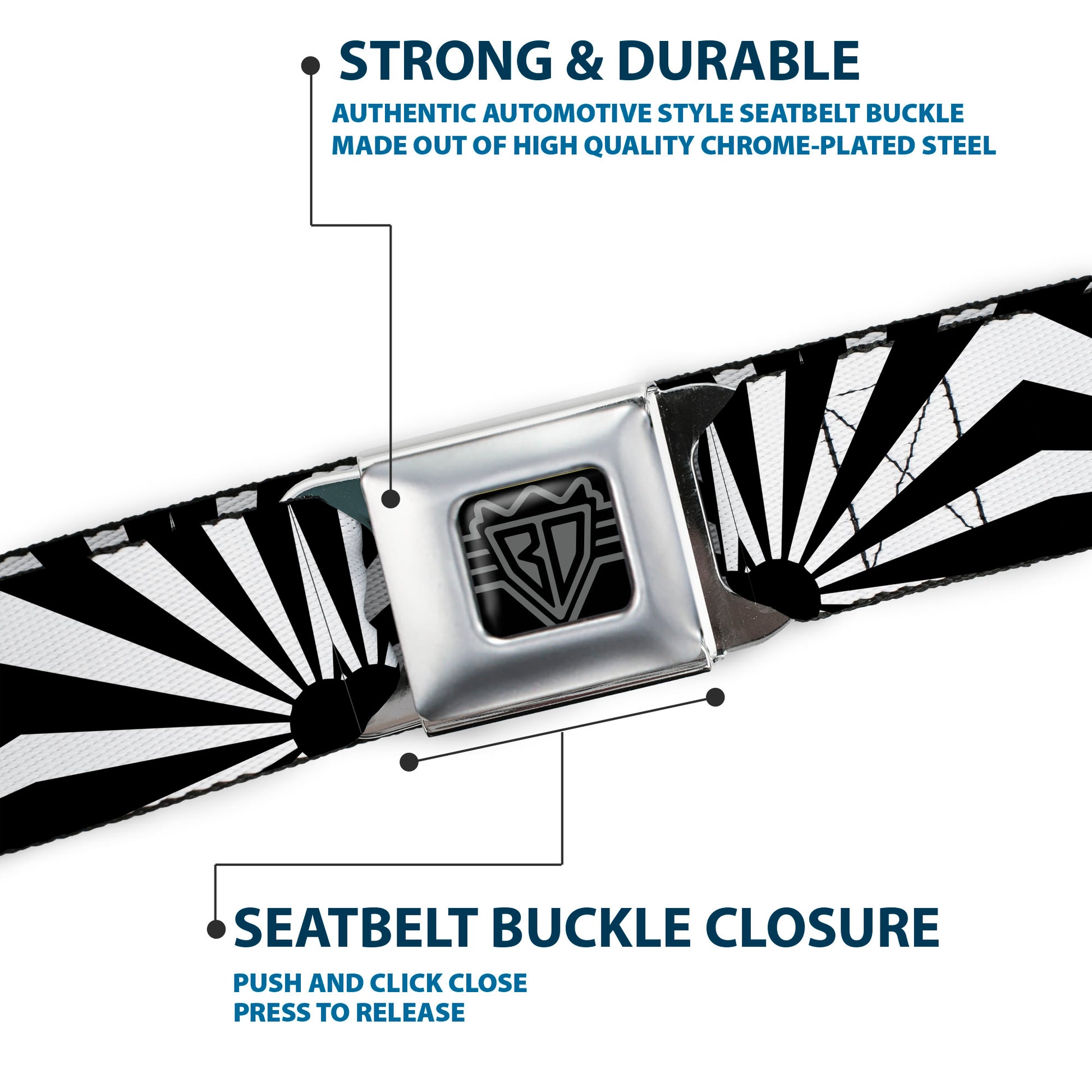 BD Wings Logo CLOSE-UP Full Color Black Silver Seatbelt Belt - Rising Sun White/Black Webbing Seatbelt Belts Buckle-Down