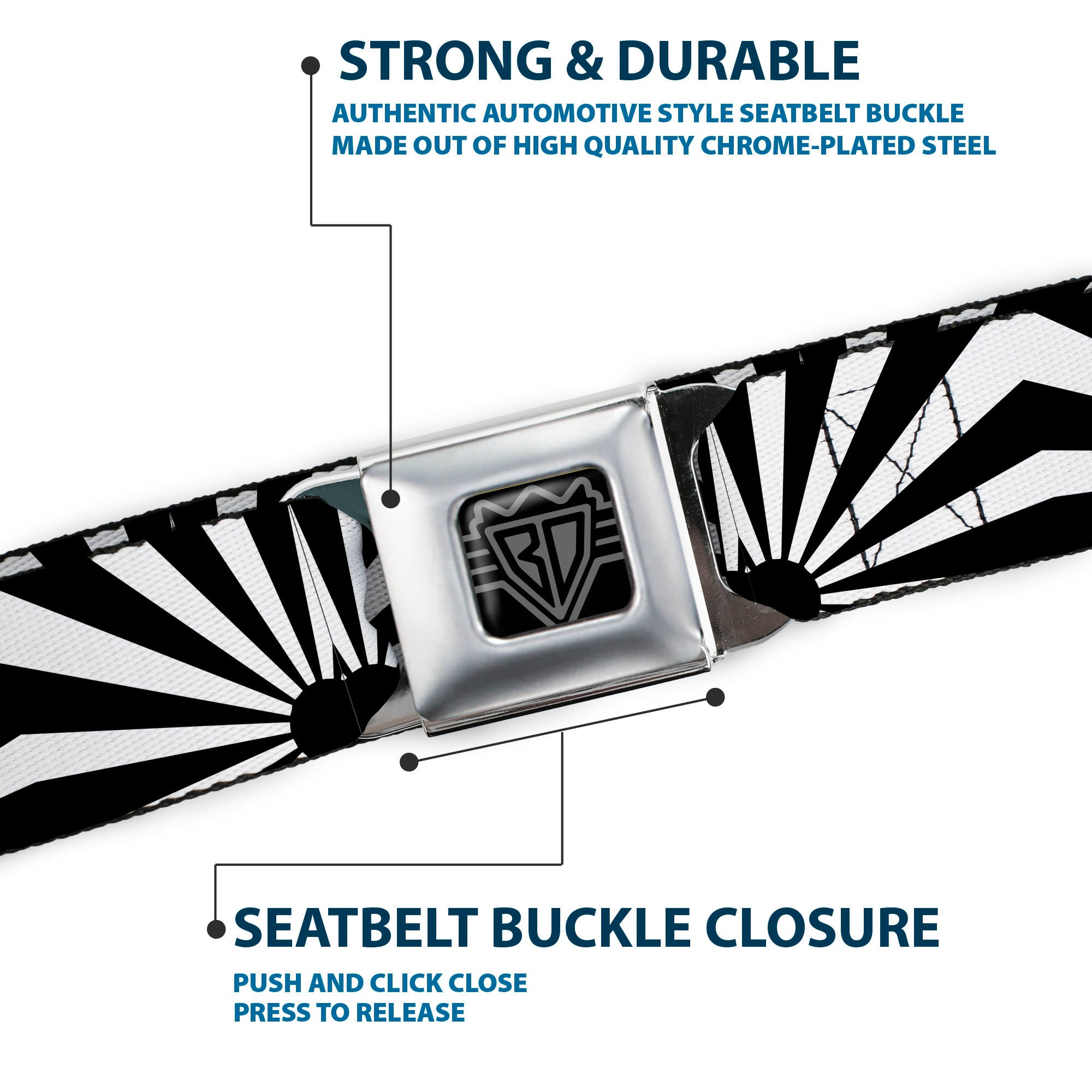 BD Wings Logo CLOSE-UP Full Color Black Silver Seatbelt Belt - Rising Sun White/Black Webbing Seatbelt Belts Buckle-Down