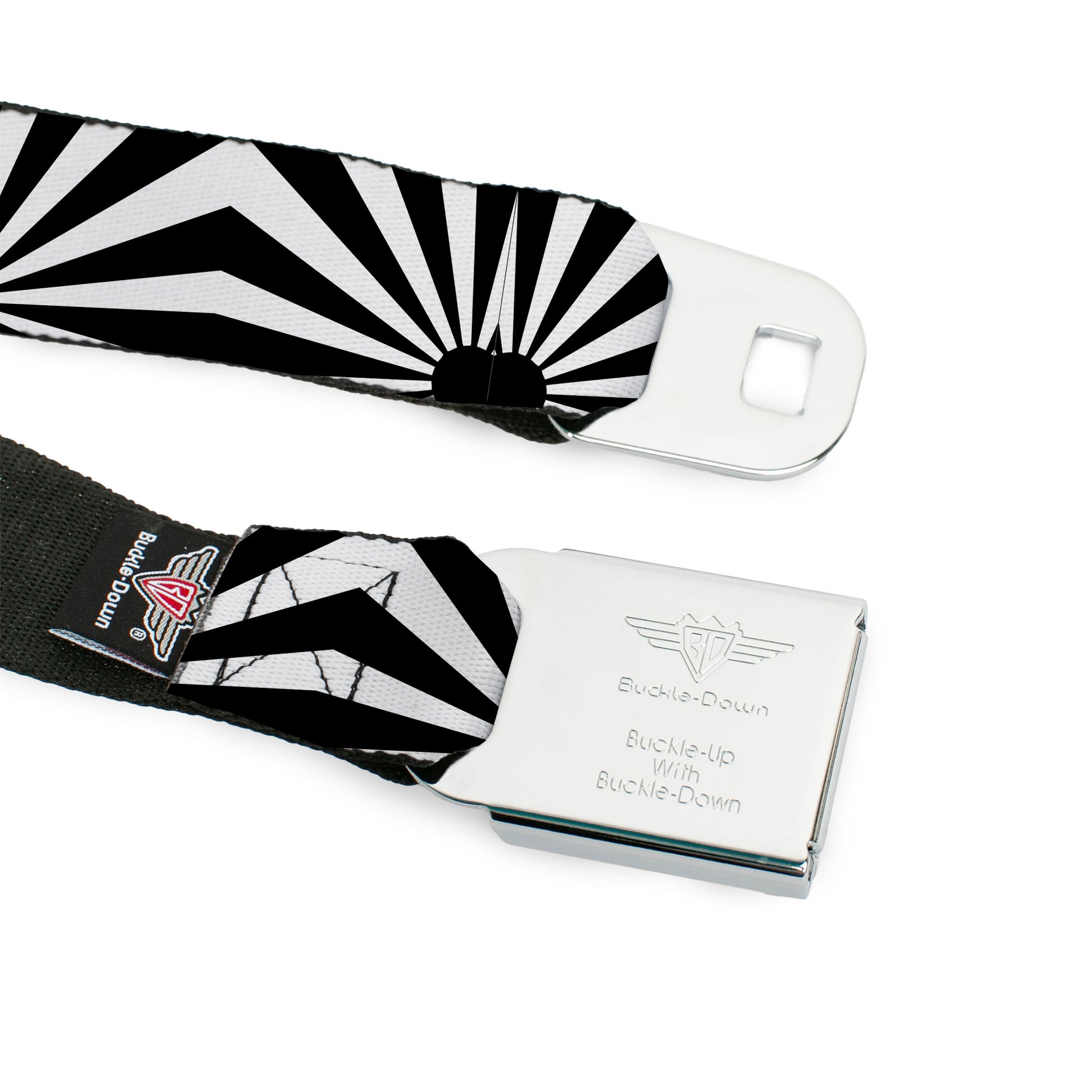 BD Wings Logo CLOSE-UP Full Color Black Silver Seatbelt Belt - Rising Sun White/Black Webbing Seatbelt Belts Buckle-Down
