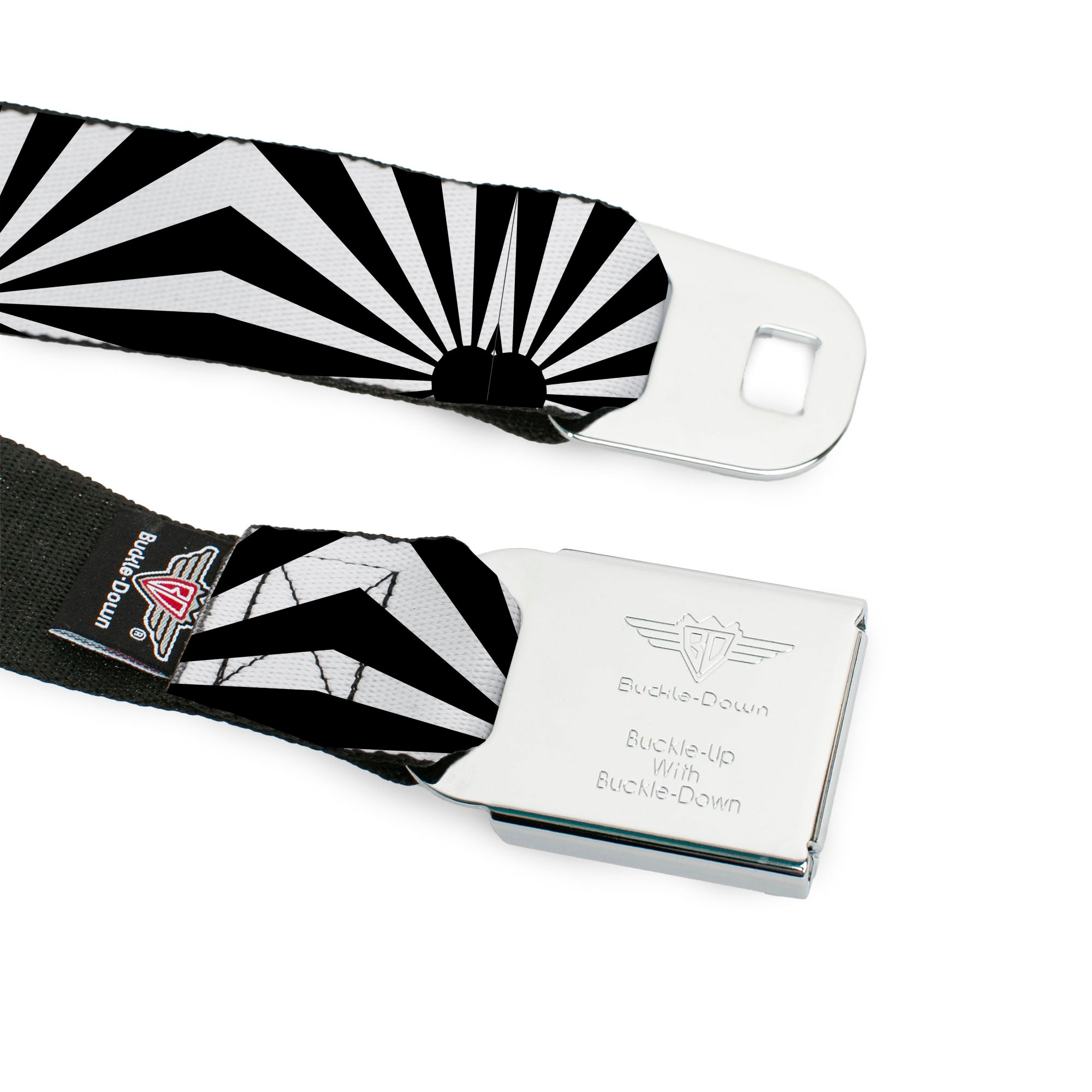 BD Wings Logo CLOSE-UP Full Color Black Silver Seatbelt Belt - Rising Sun White/Black Webbing Seatbelt Belts Buckle-Down