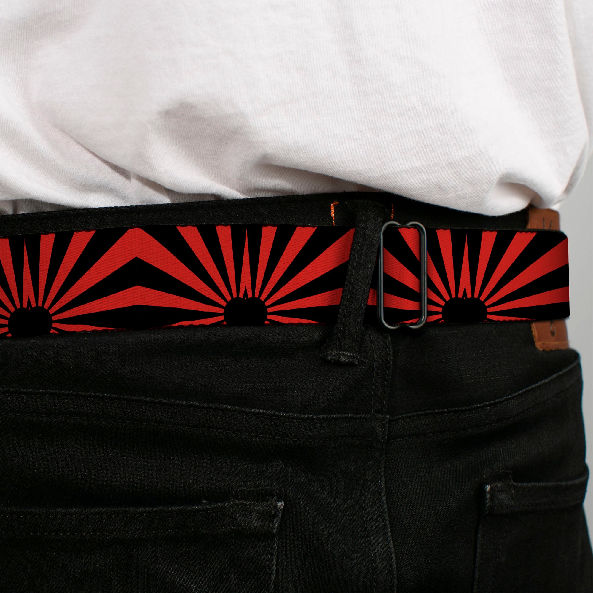 BD Wings Logo CLOSE-UP Full Color Black Silver Seatbelt Belt - Rising Sun Red/Black Webbing Seatbelt Belts Buckle-Down
