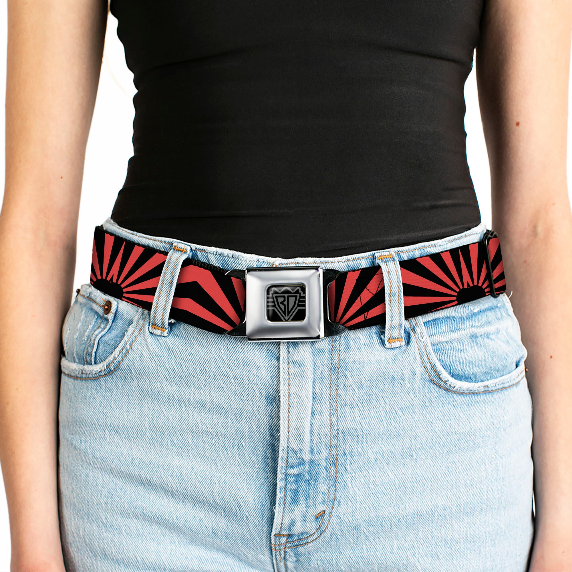 BD Wings Logo CLOSE-UP Full Color Black Silver Seatbelt Belt - Rising Sun Red/Black Webbing Seatbelt Belts Buckle-Down