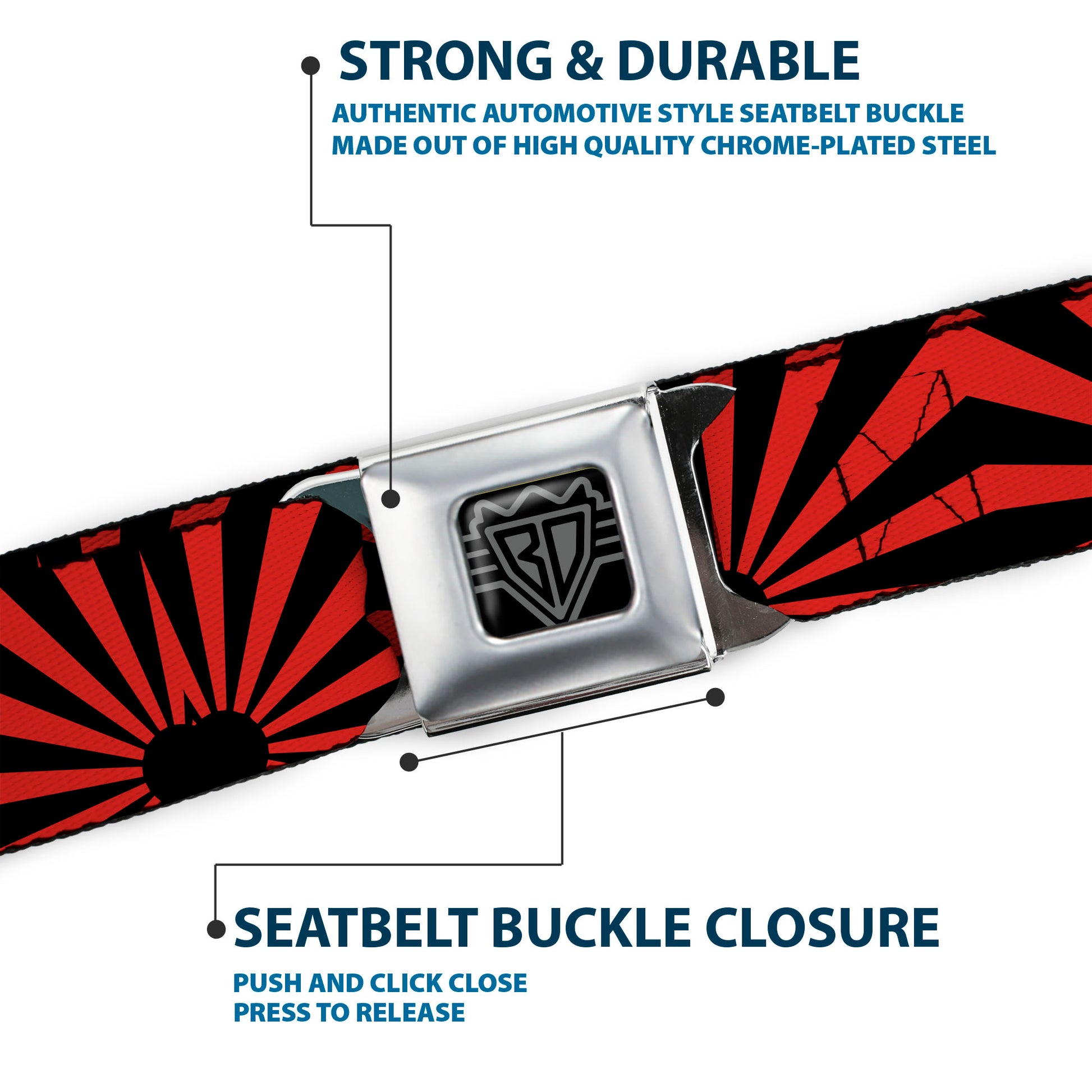 BD Wings Logo CLOSE-UP Full Color Black Silver Seatbelt Belt - Rising Sun Red/Black Webbing Seatbelt Belts Buckle-Down