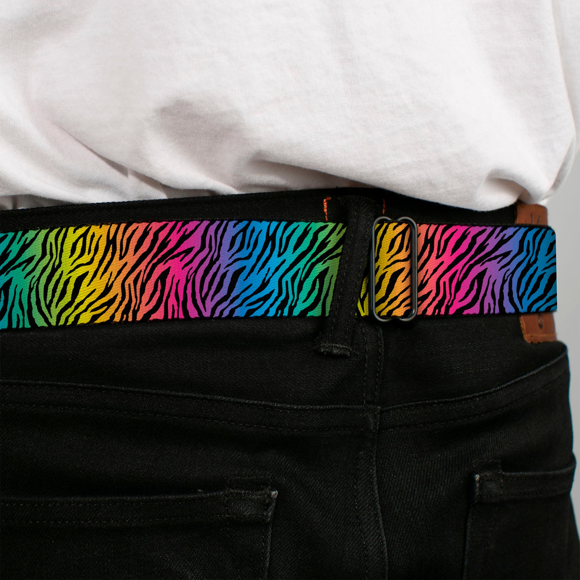 BD Wings Logo CLOSE-UP Full Color Black Silver Seatbelt Belt - Zebra Rainbow Ombre Webbing Seatbelt Belts Buckle-Down