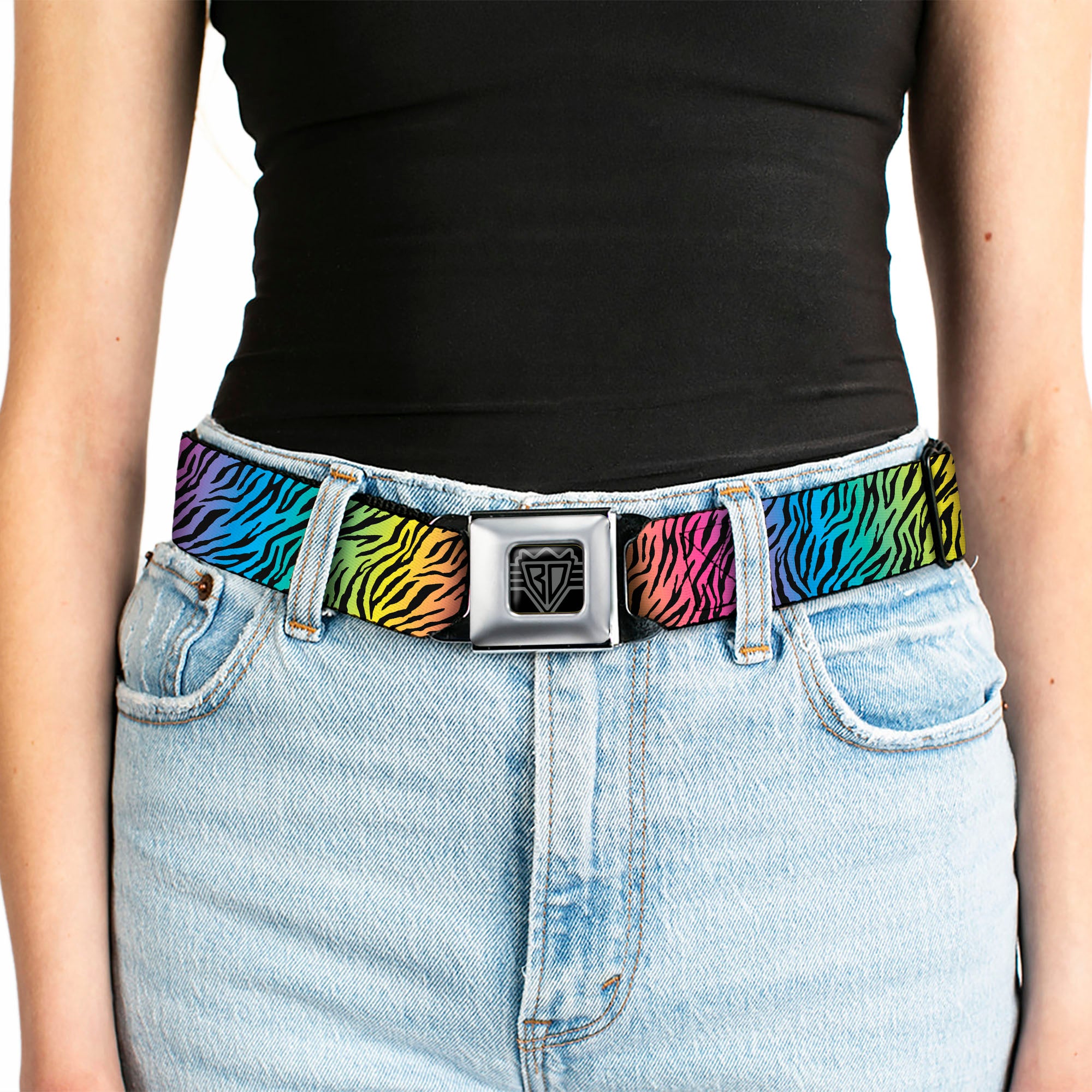 BD Wings Logo CLOSE-UP Full Color Black Silver Seatbelt Belt - Zebra Rainbow Ombre Webbing Seatbelt Belts Buckle-Down