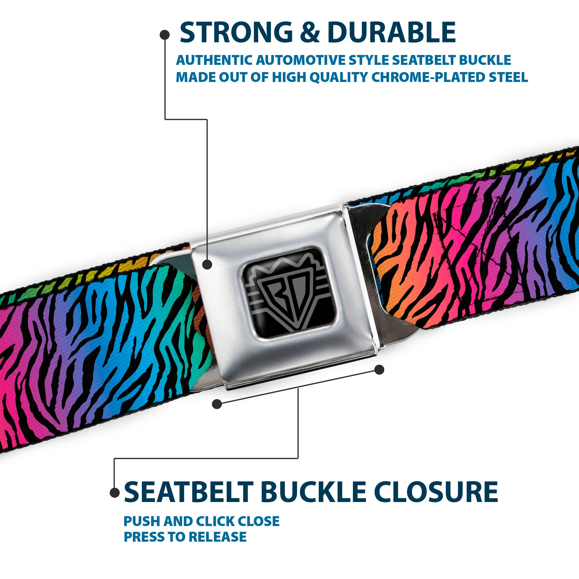BD Wings Logo CLOSE-UP Full Color Black Silver Seatbelt Belt - Zebra Rainbow Ombre Webbing Seatbelt Belts Buckle-Down