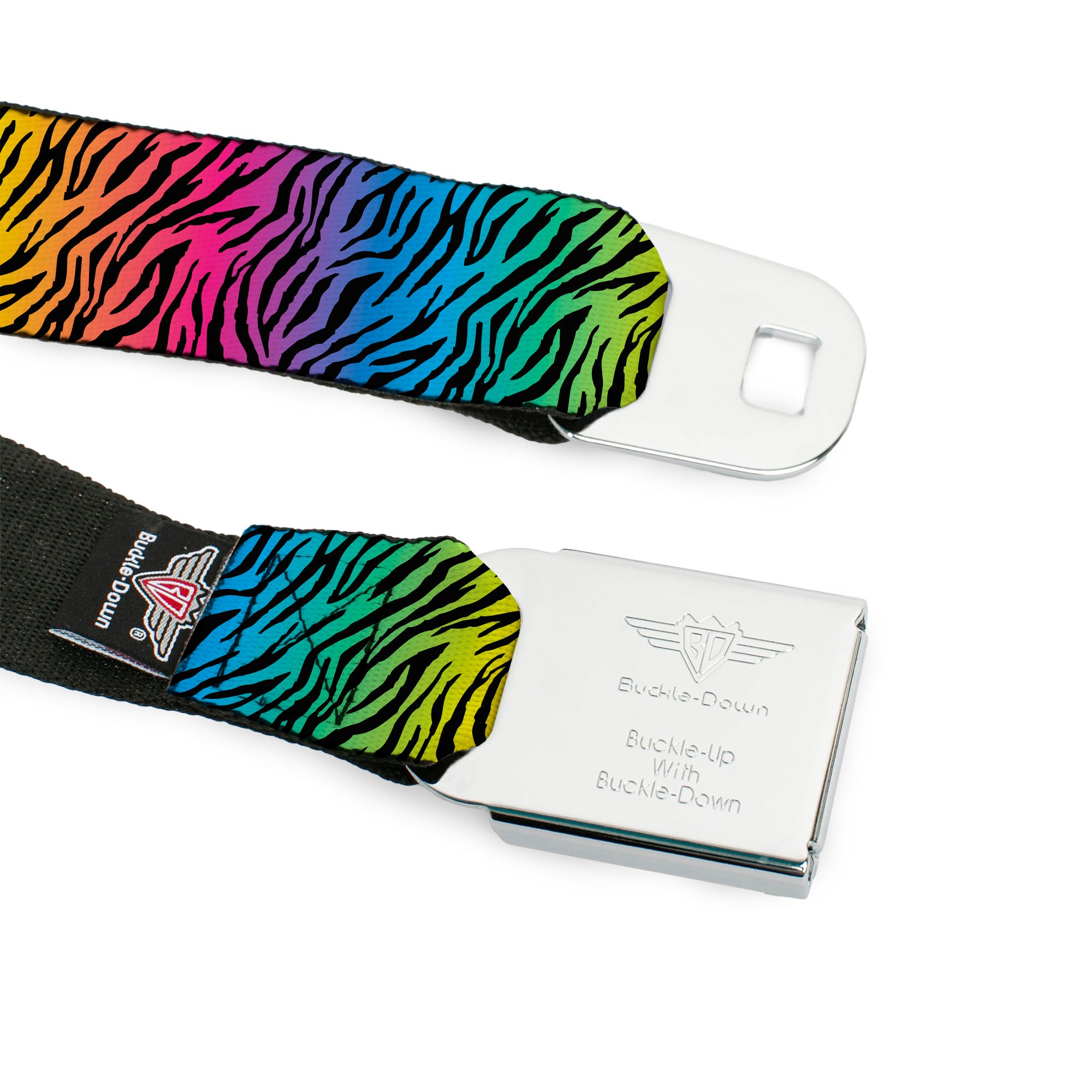 BD Wings Logo CLOSE-UP Full Color Black Silver Seatbelt Belt - Zebra Rainbow Ombre Webbing Seatbelt Belts Buckle-Down