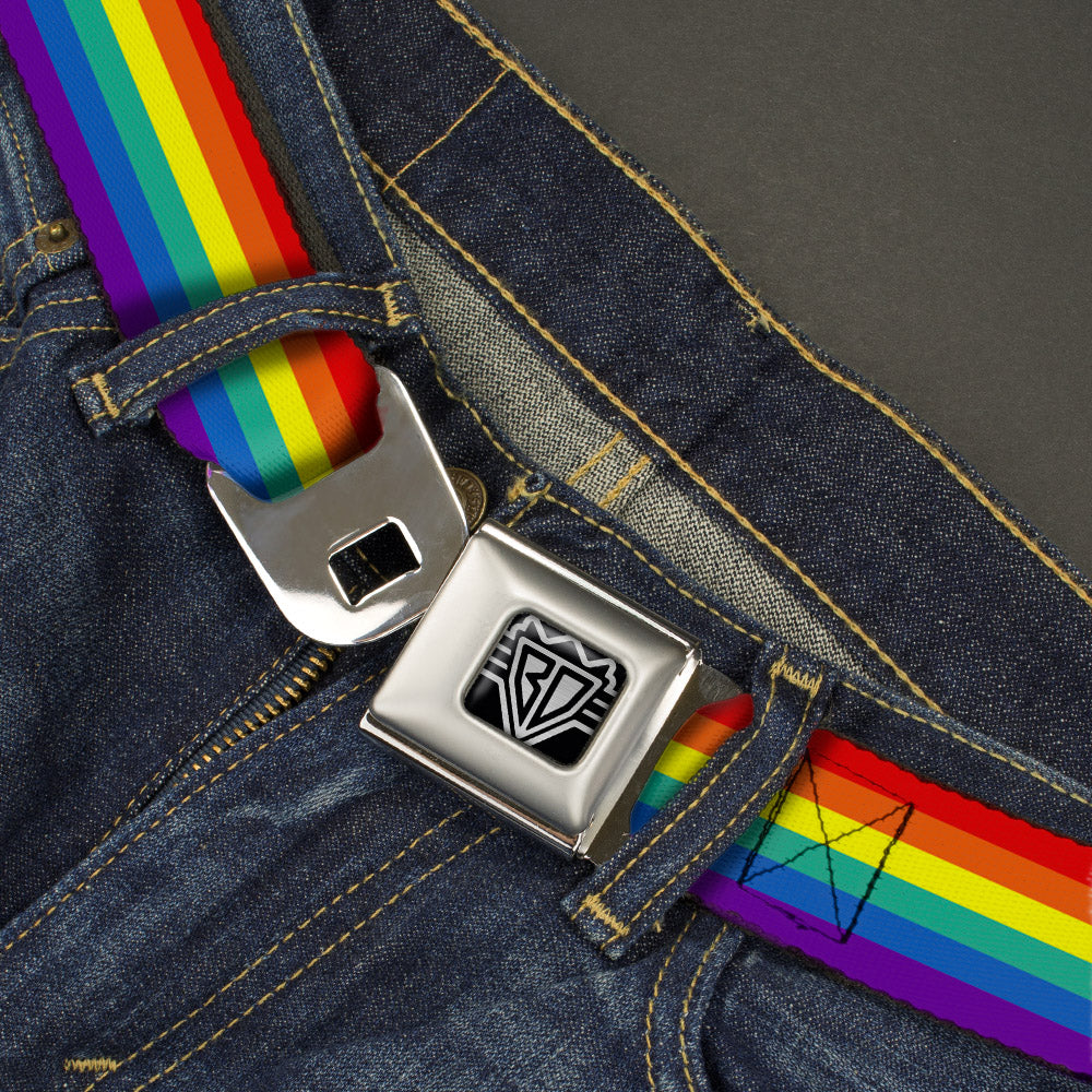 BD Wings Logo CLOSE-UP Full Color Black Silver Seatbelt Belt - Rainbow Print Webbing Seatbelt Belts Buckle-Down