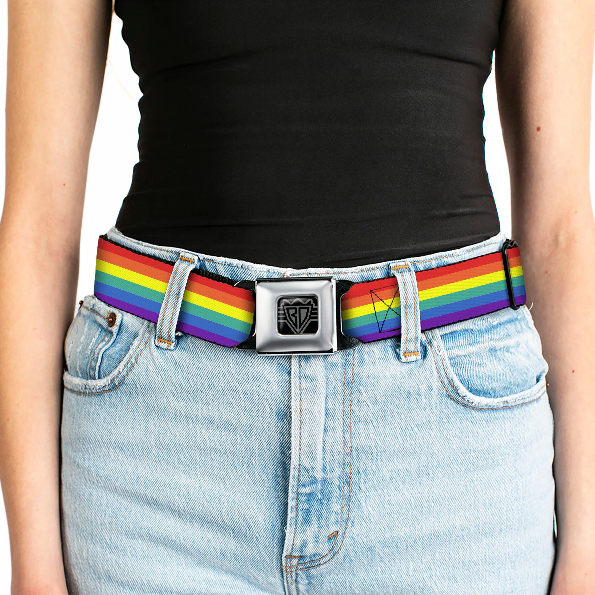 BD Wings Logo CLOSE-UP Full Color Black Silver Seatbelt Belt - Rainbow Print Webbing Seatbelt Belts Buckle-Down
