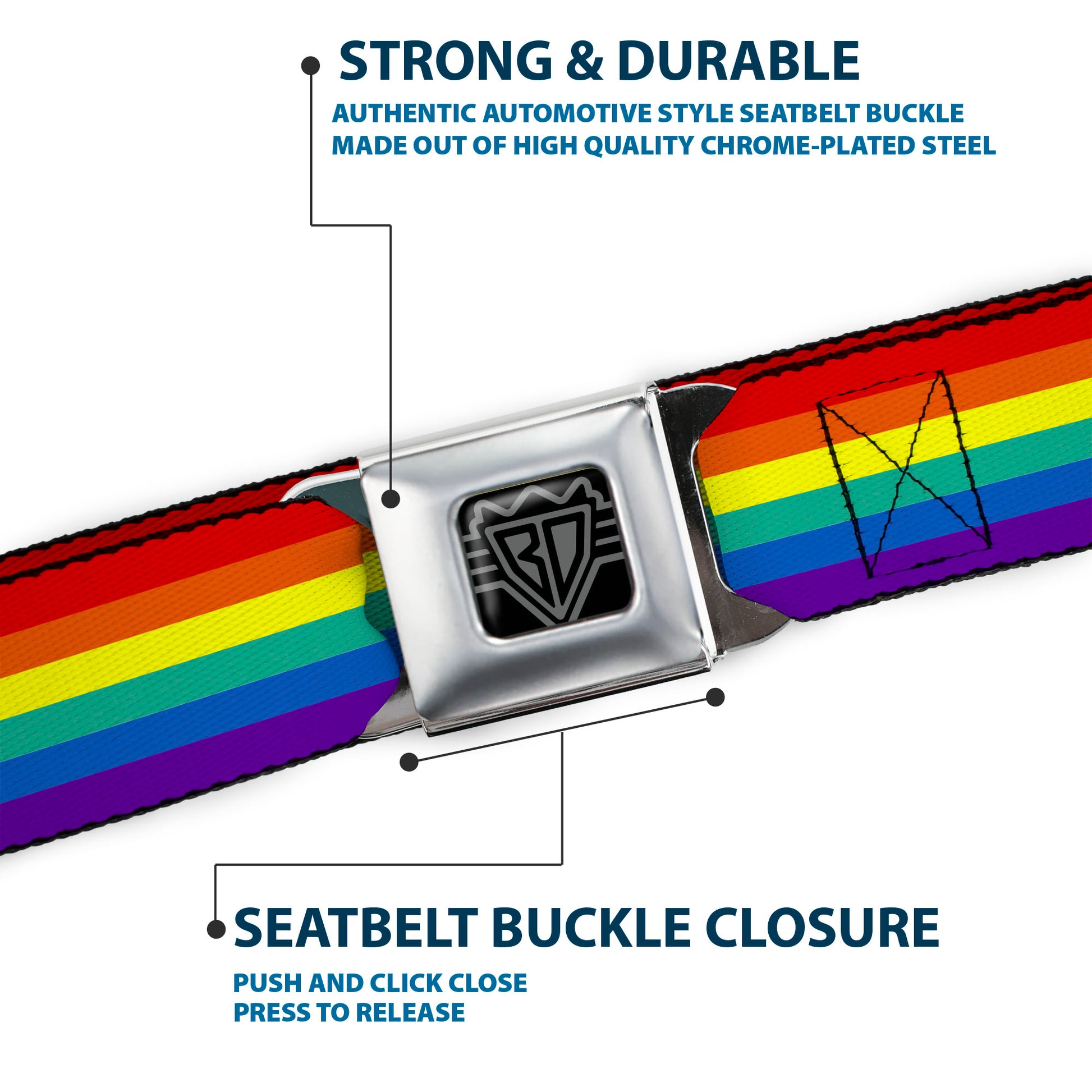 BD Wings Logo CLOSE-UP Full Color Black Silver Seatbelt Belt - Rainbow Print Webbing Seatbelt Belts Buckle-Down