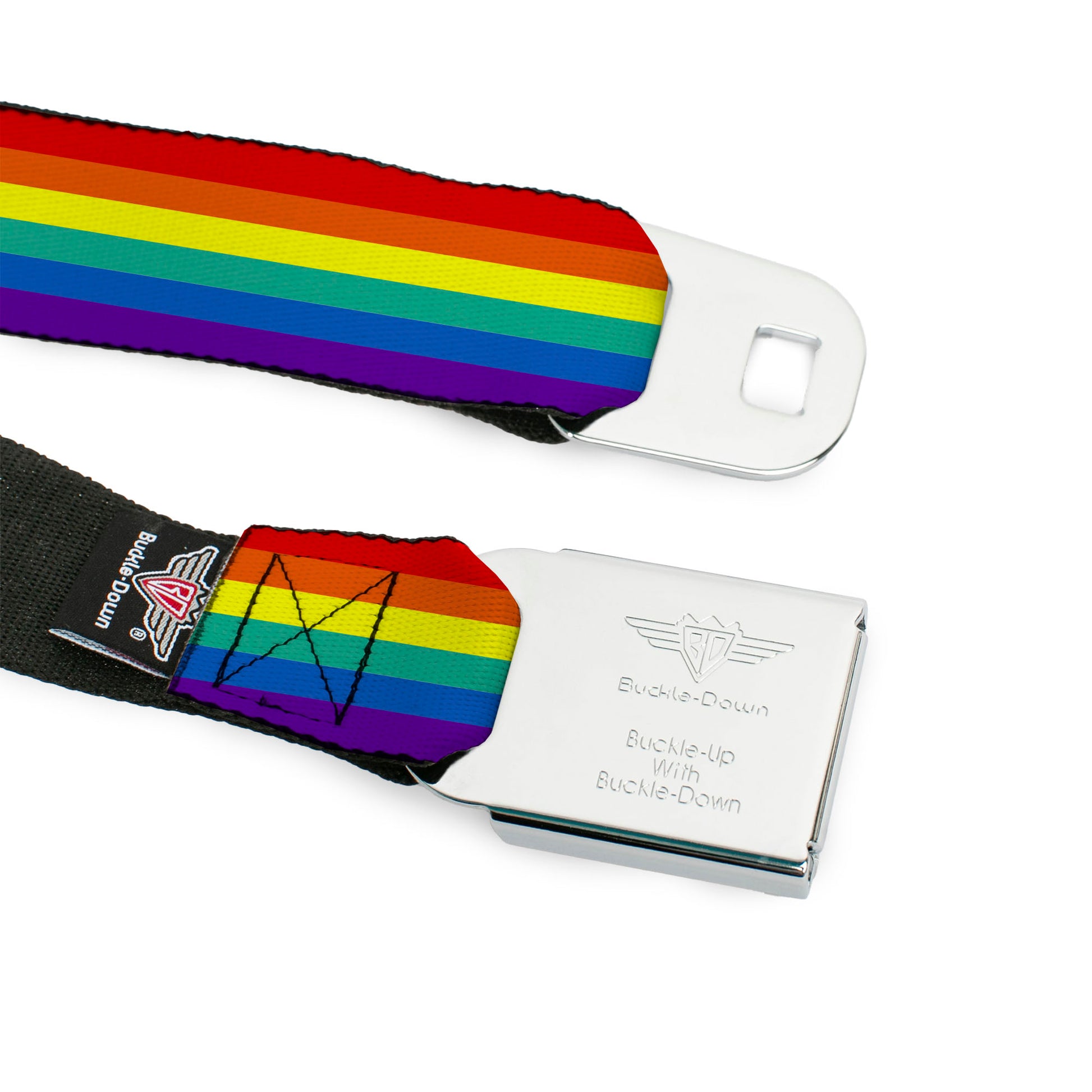 BD Wings Logo CLOSE-UP Full Color Black Silver Seatbelt Belt - Rainbow Print Webbing Seatbelt Belts Buckle-Down