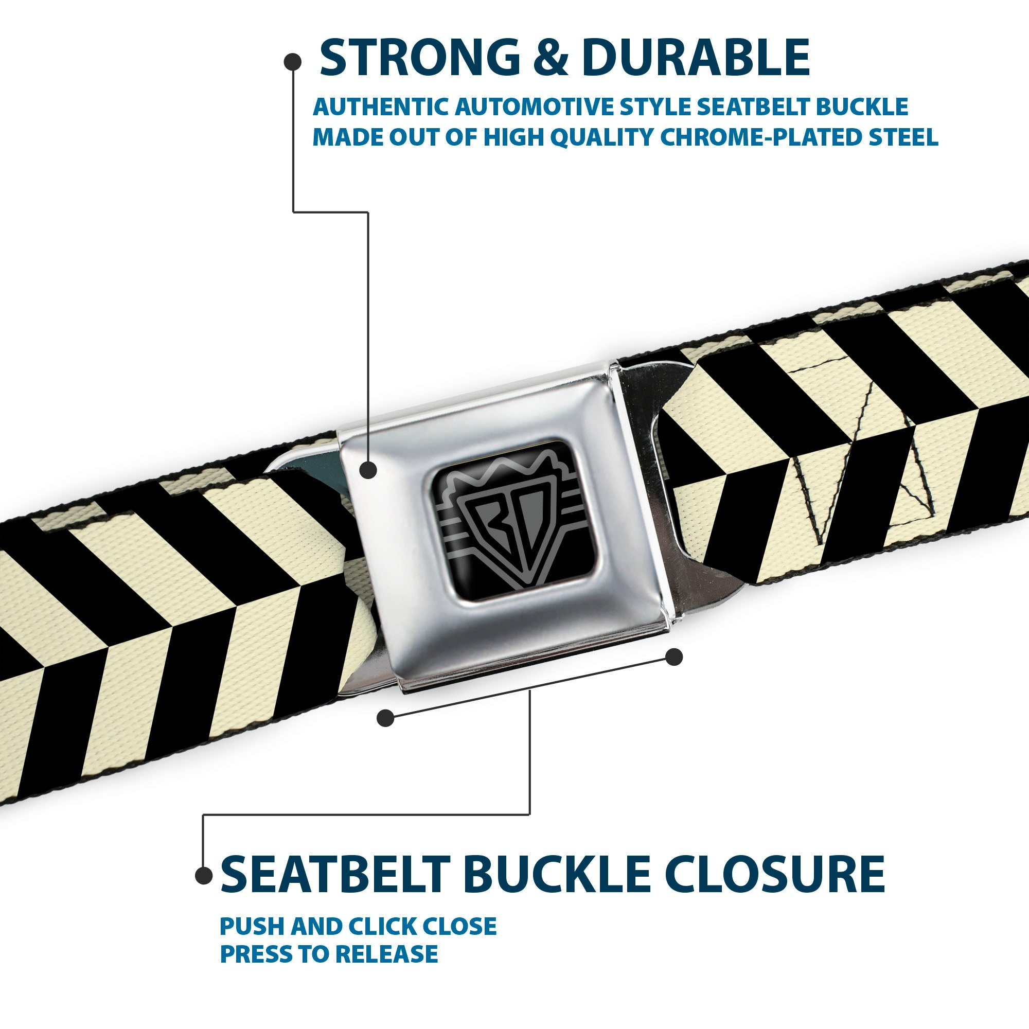 BD Wings Logo CLOSE-UP Full Color Black Silver Seatbelt Belt - Rhombus Split White/Black Webbing Seatbelt Belts Buckle-Down