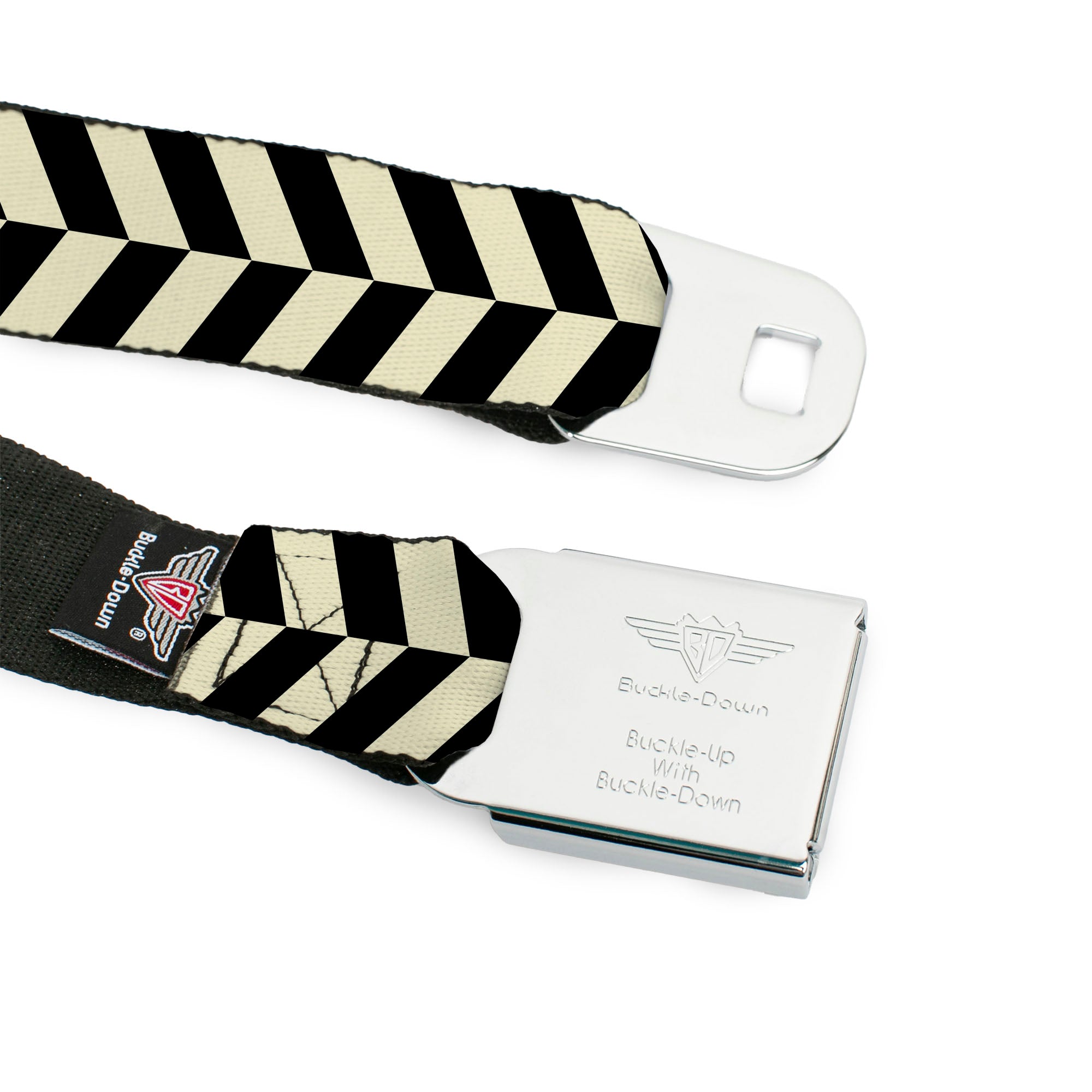 BD Wings Logo CLOSE-UP Full Color Black Silver Seatbelt Belt - Rhombus Split White/Black Webbing Seatbelt Belts Buckle-Down